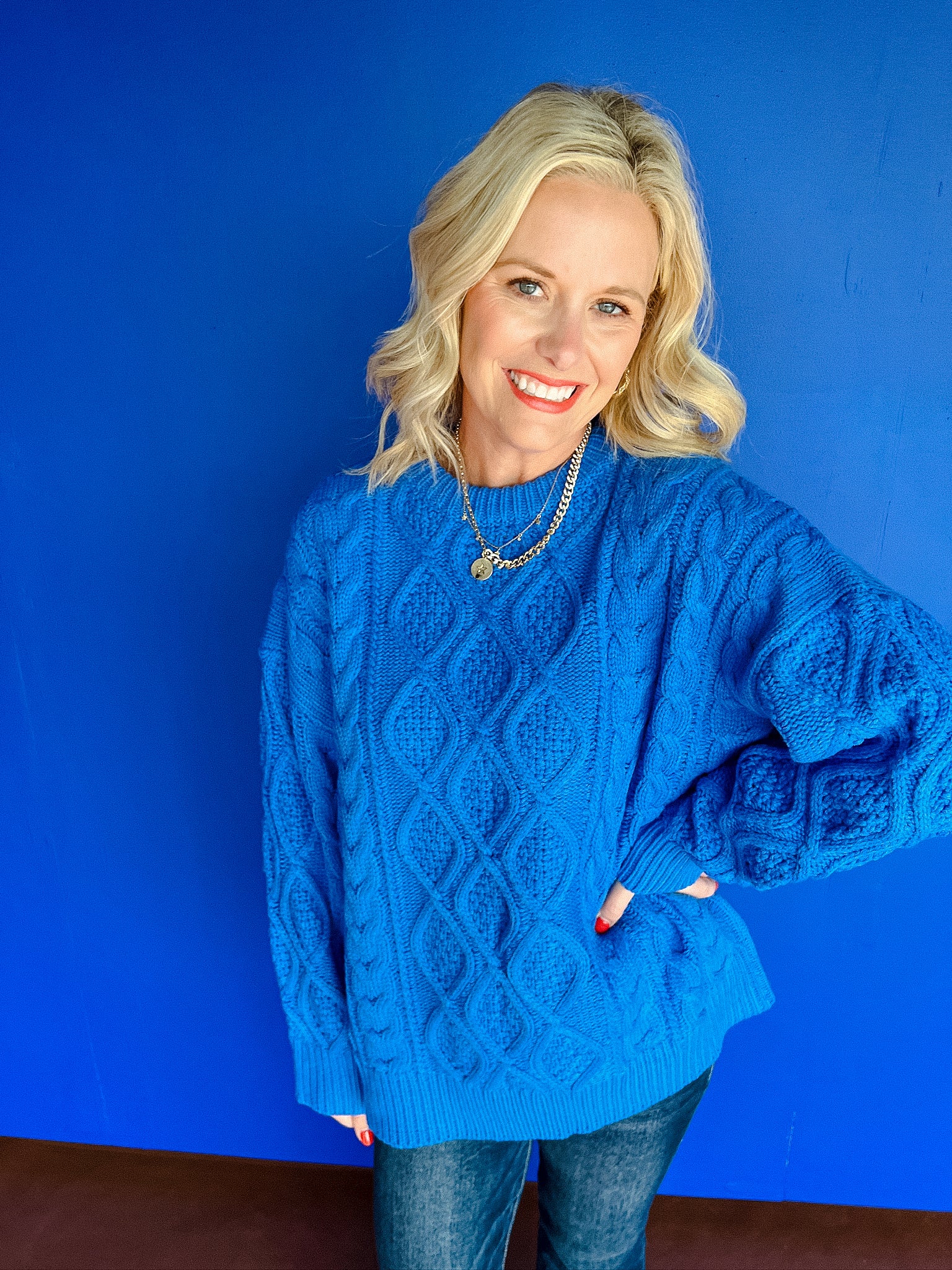 Belinda Oversized Cableknit Sweater - Cornflower/Bright Blue