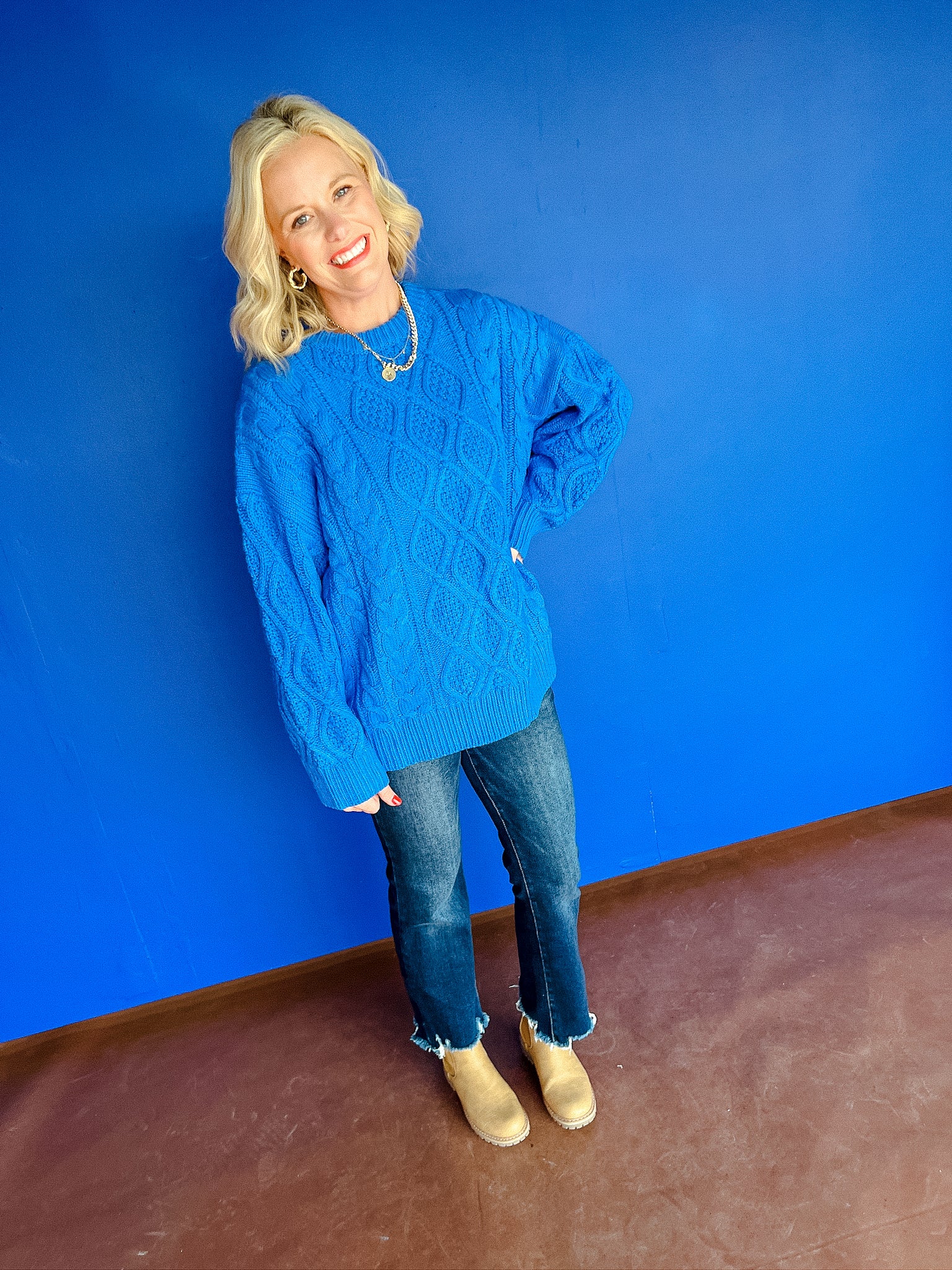 Belinda Oversized Cableknit Sweater - Cornflower/Bright Blue