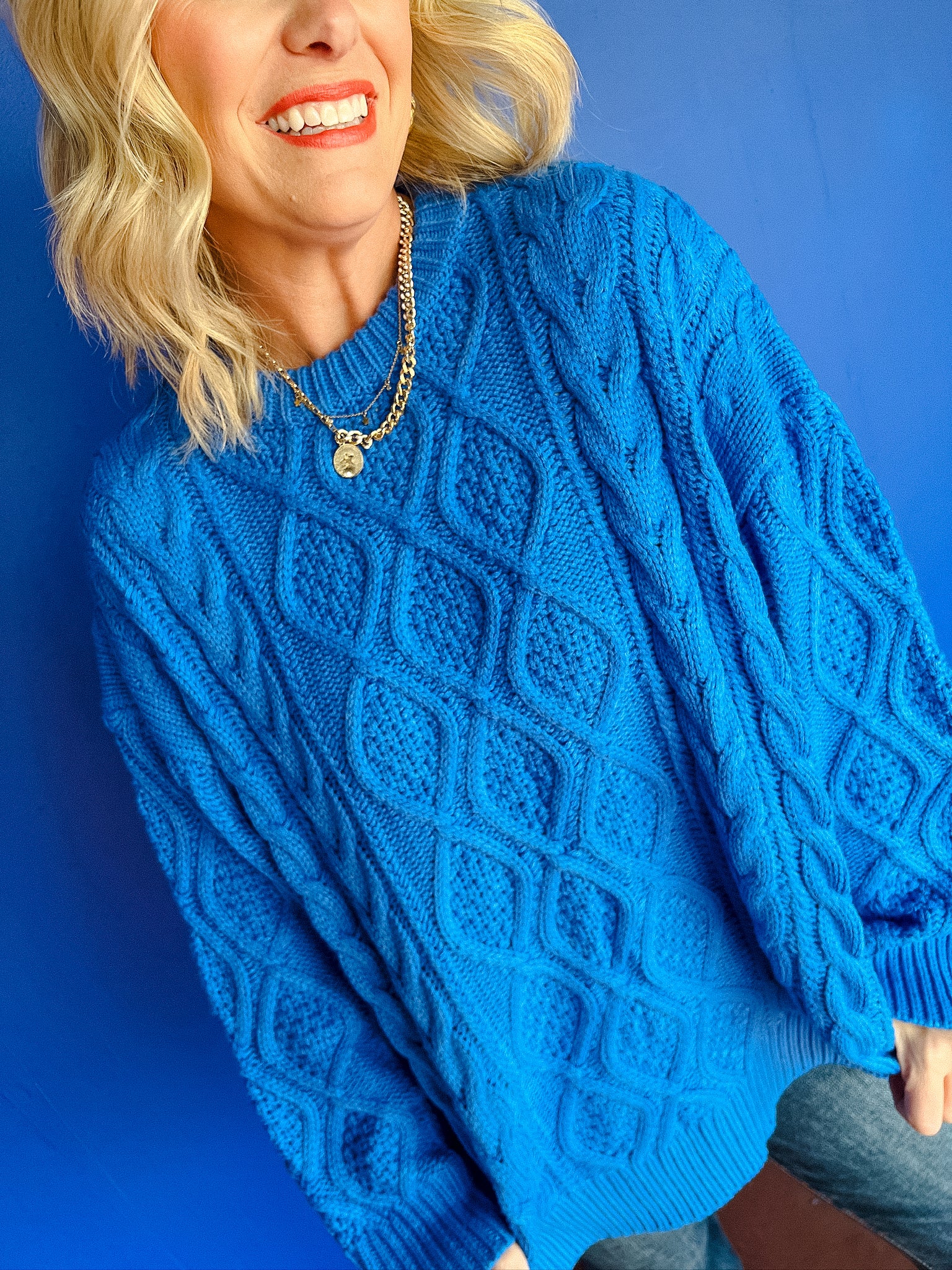 She Sky Belinda Oversized Cableknit Sweater Cornflower bright Blue Large