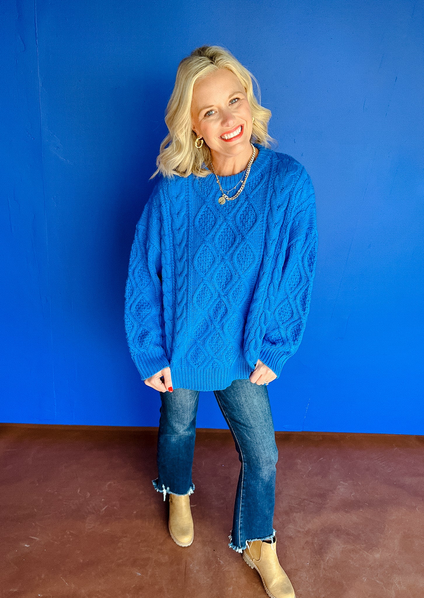 Belinda Oversized Cableknit Sweater - Cornflower/Bright Blue