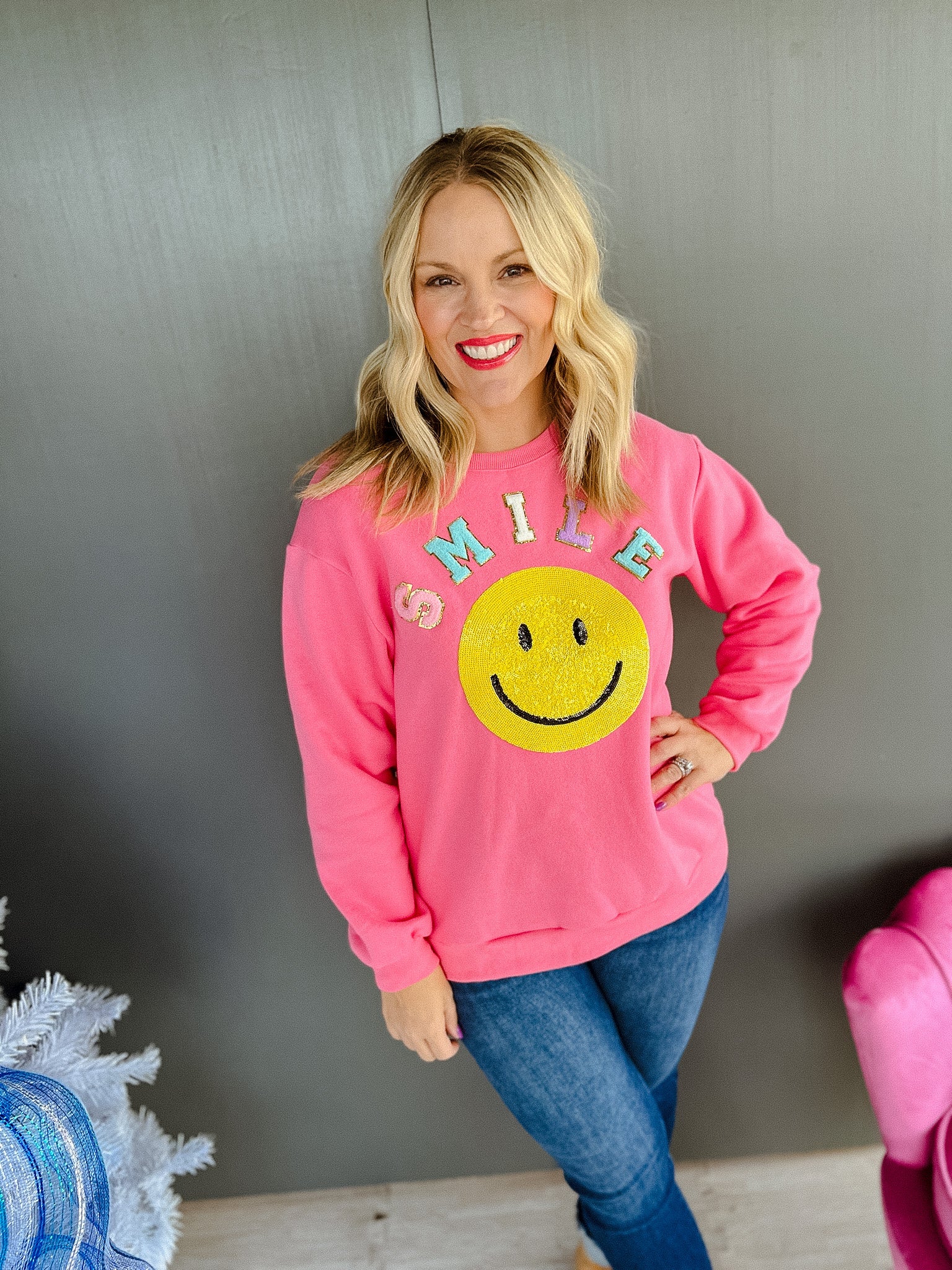 Just Smile Sweatshirt - Geranium Pink