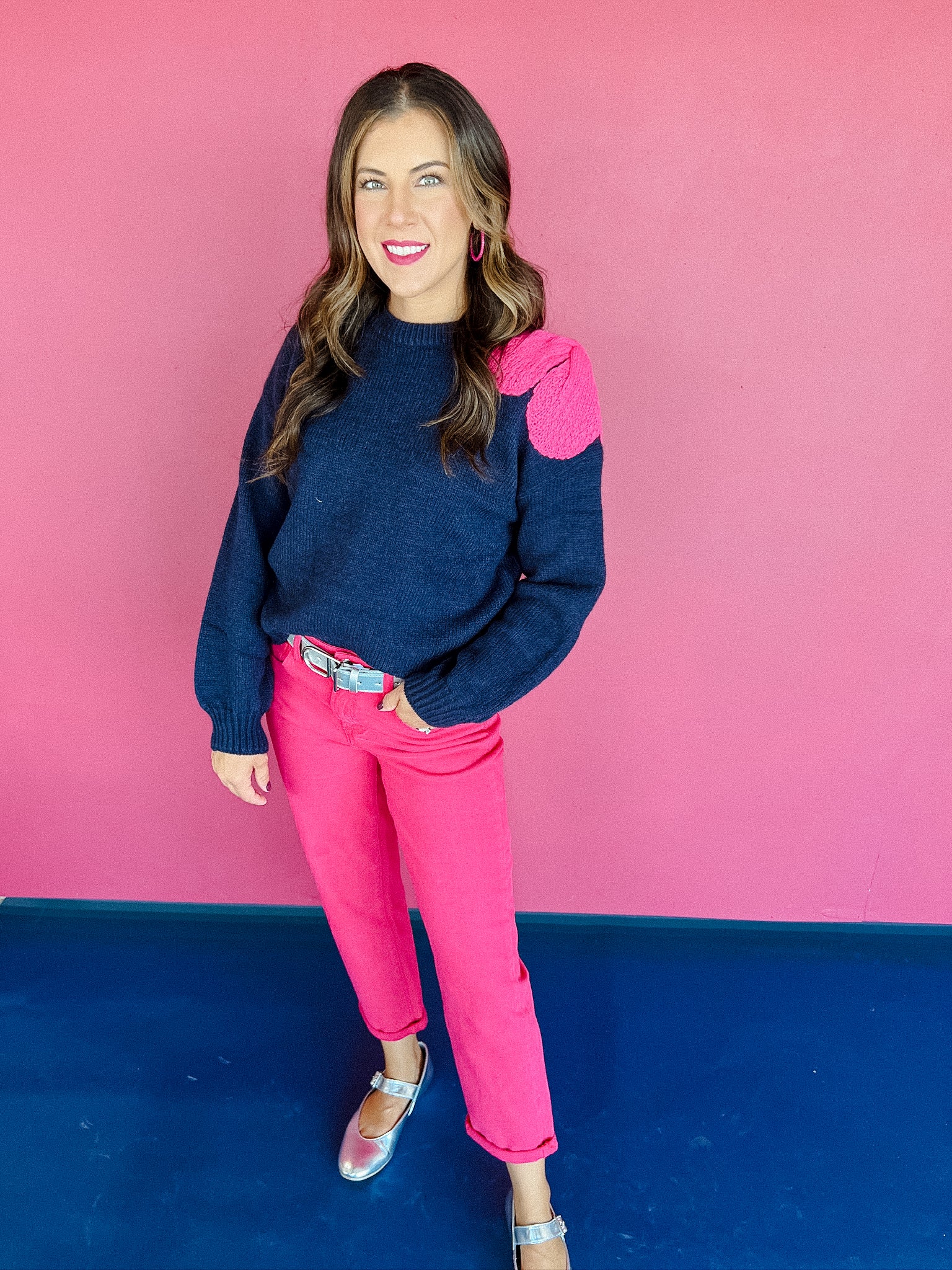 Dawn Bow Detail Sweater - Navy + Fuschia