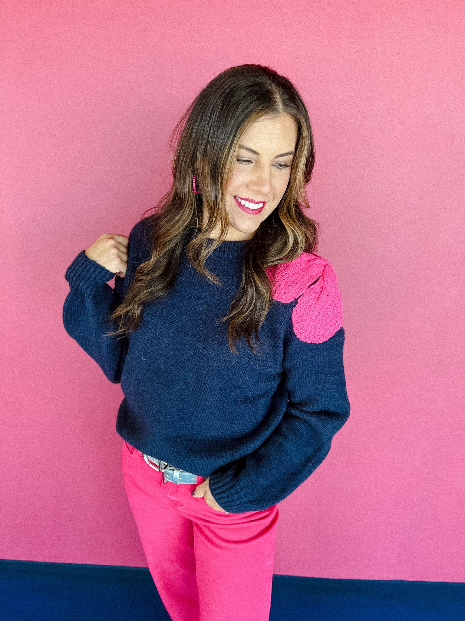 Dawn Bow Detail Sweater - Navy + Fuschia