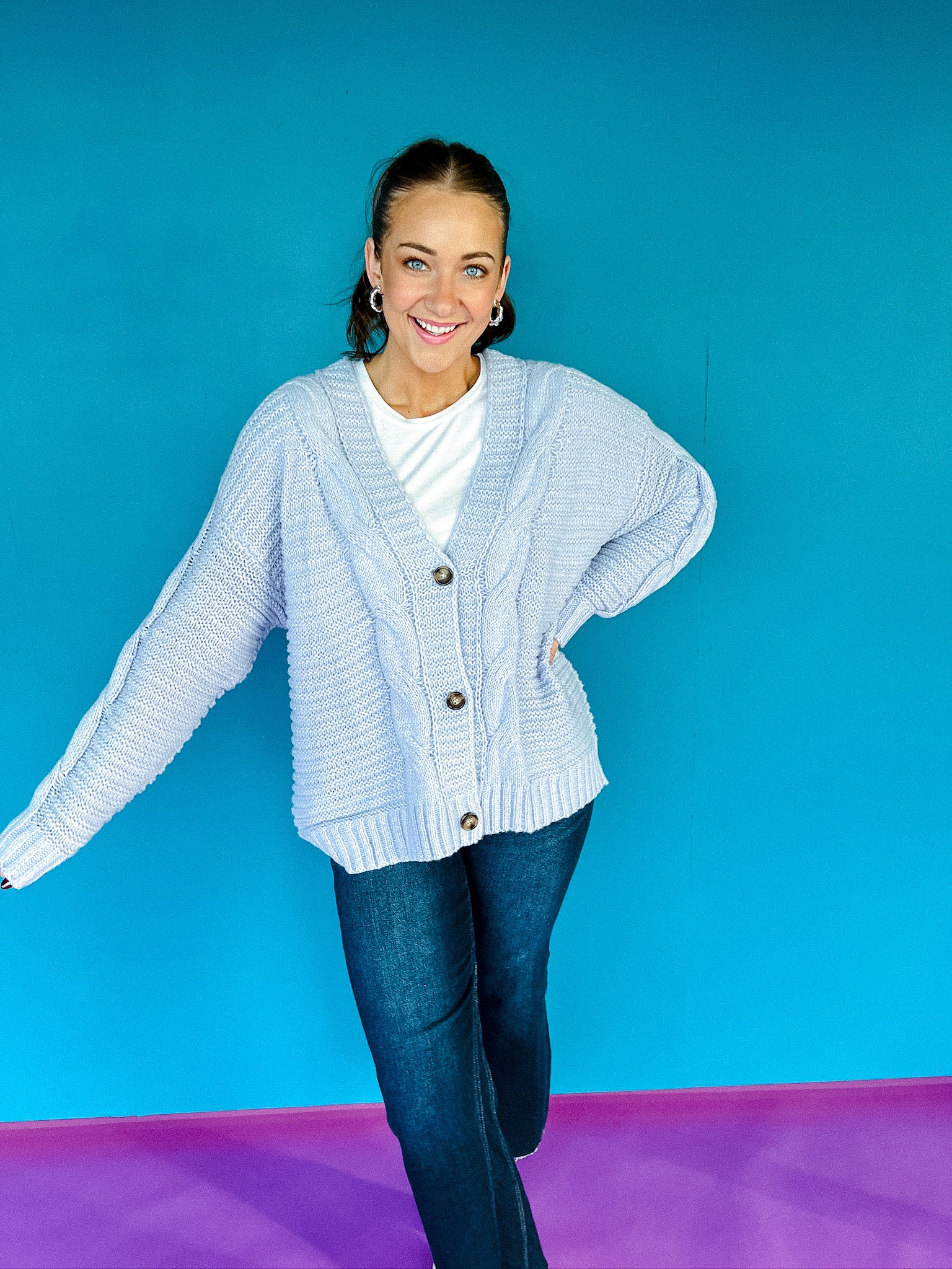 Zenetta Cable Knit Cardigan - Ice Hyacinth