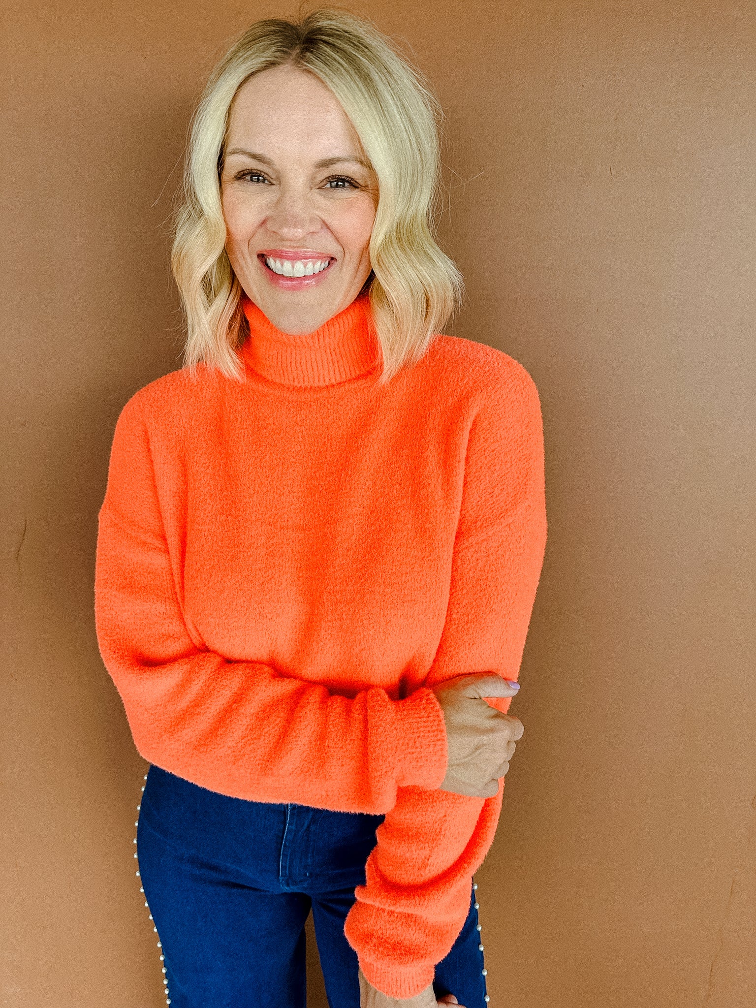 Zia Cropped Turtleneck Sweater - Neon Tangerine