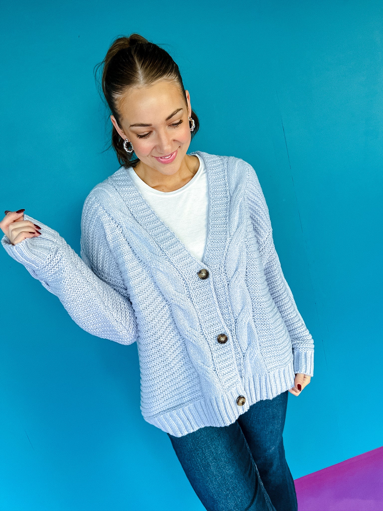 Zenetta Cable Knit Cardigan - Ice Hyacinth