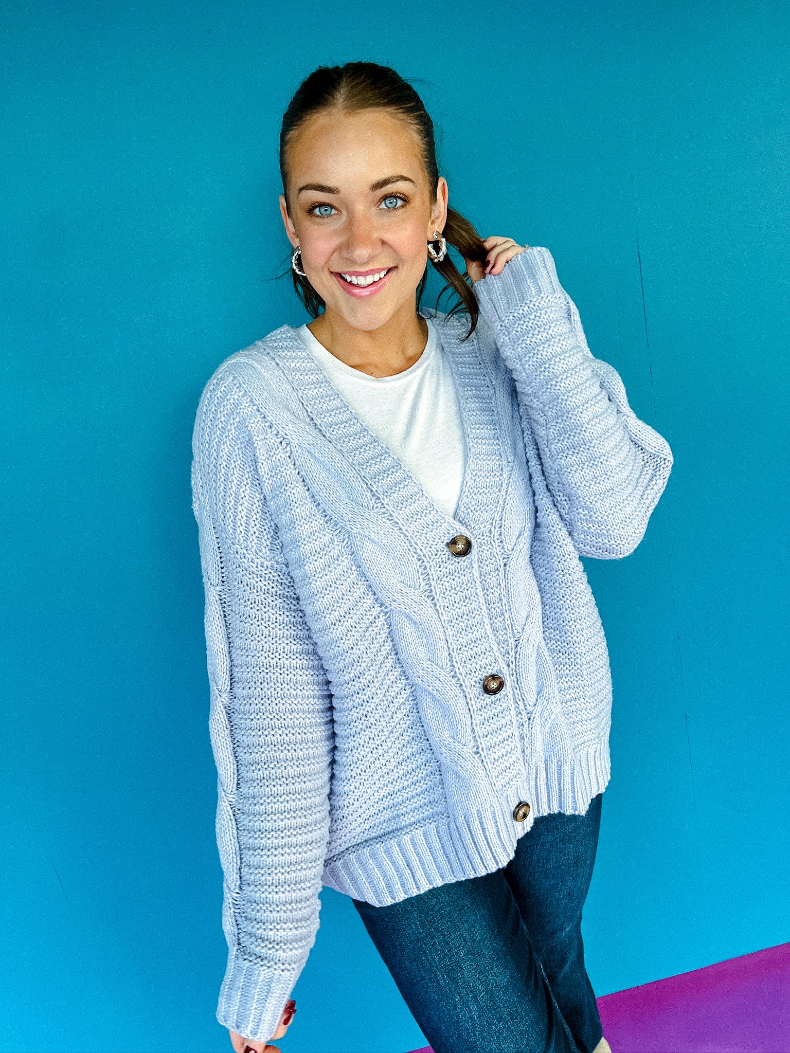 Zenetta Cable Knit Cardigan - Ice Hyacinth