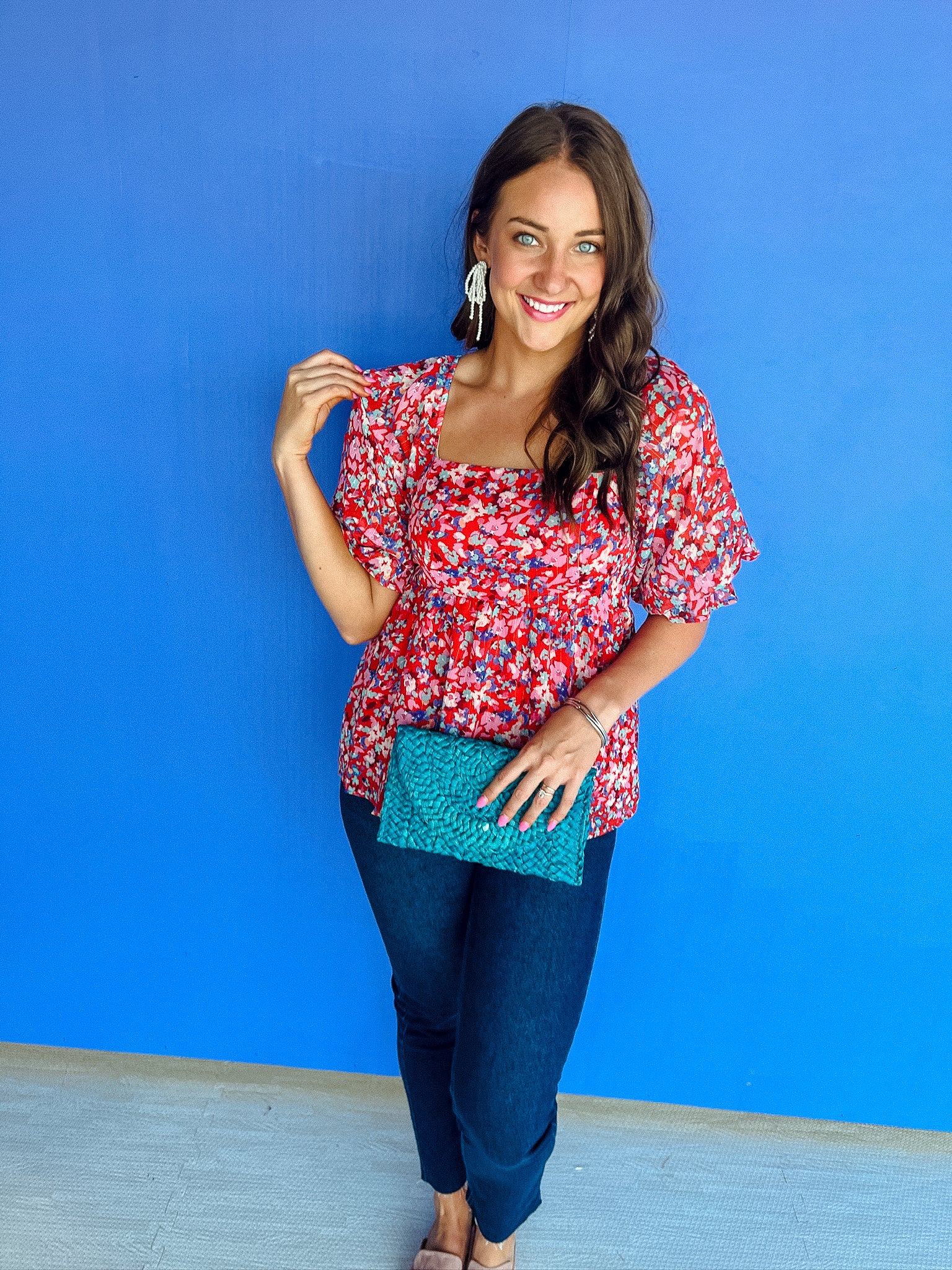 Brianne Floral Square Neck Top - True Red + Cyclamen + Duck Egg