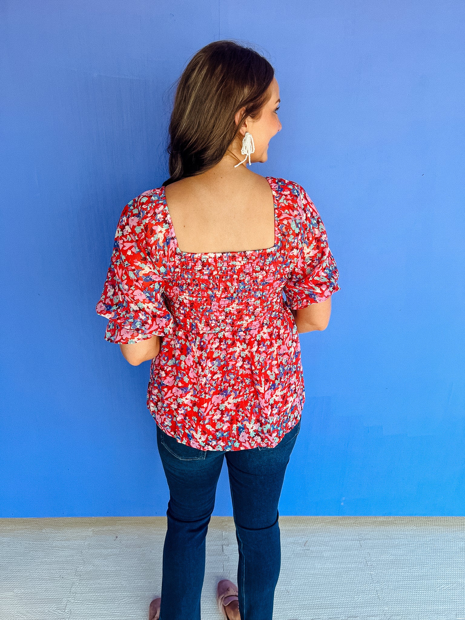 Brianne Floral Square Neck Top - True Red + Cyclamen + Duck Egg