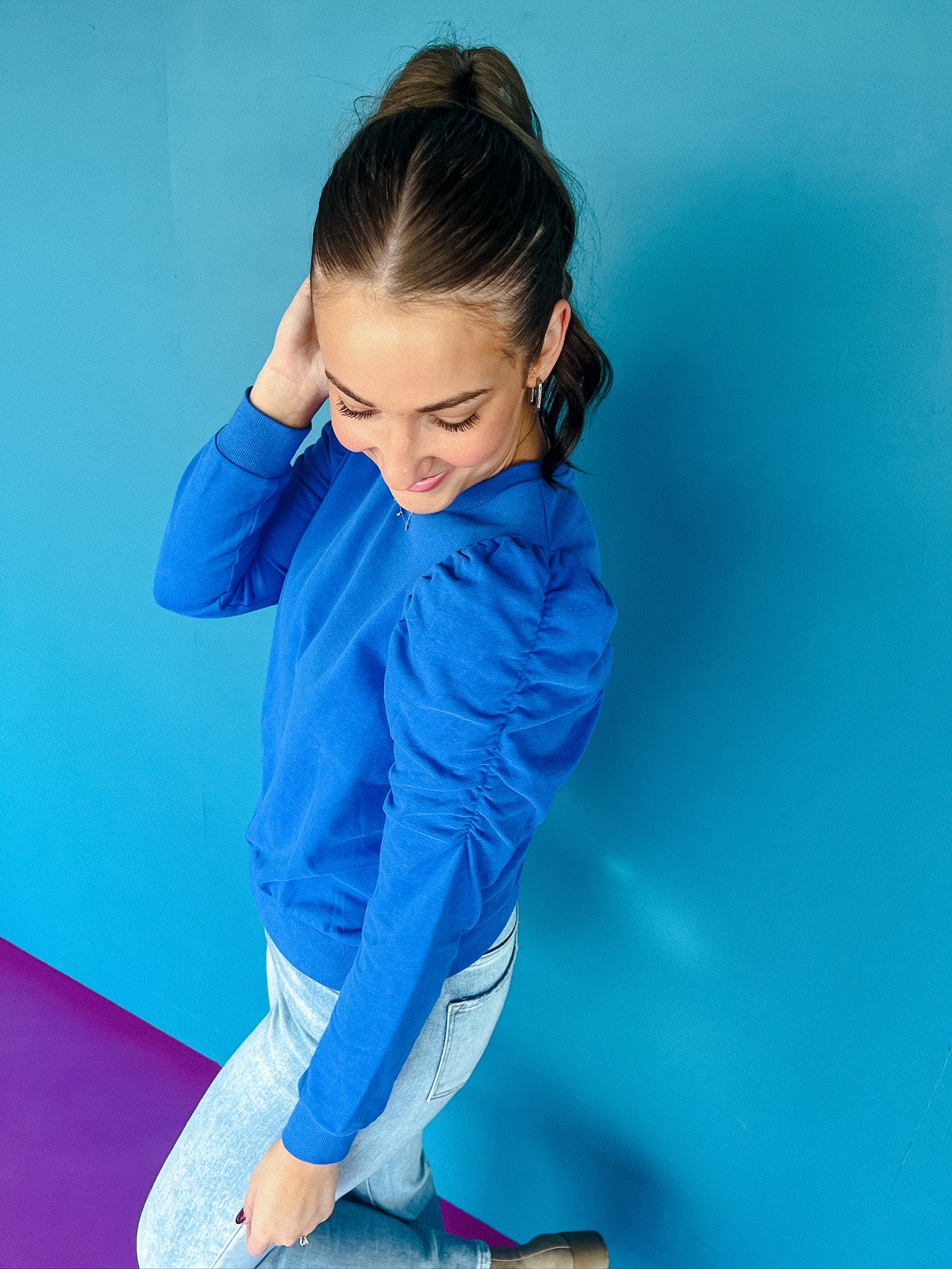 Sierra Ruched Sleeve Blouse - Oxford Blue