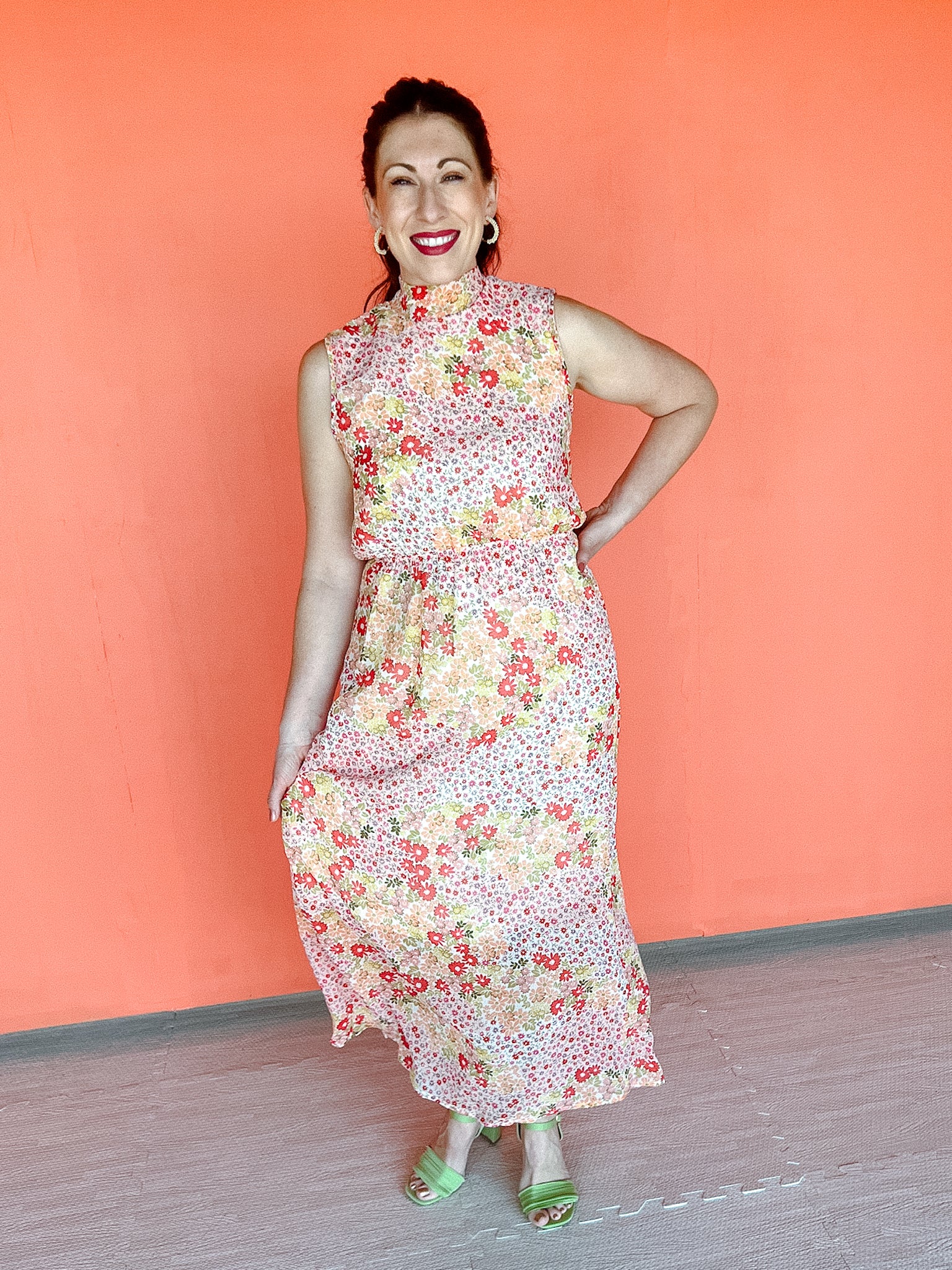 Flower Power Maxi Dress - Coral + Muted Lime + Light Olive + Dark Olive + Rosewood