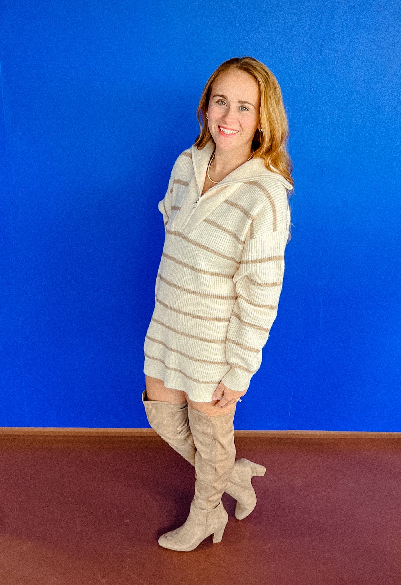 Quinnley Striped Tunic Sweater - Cream + Beige