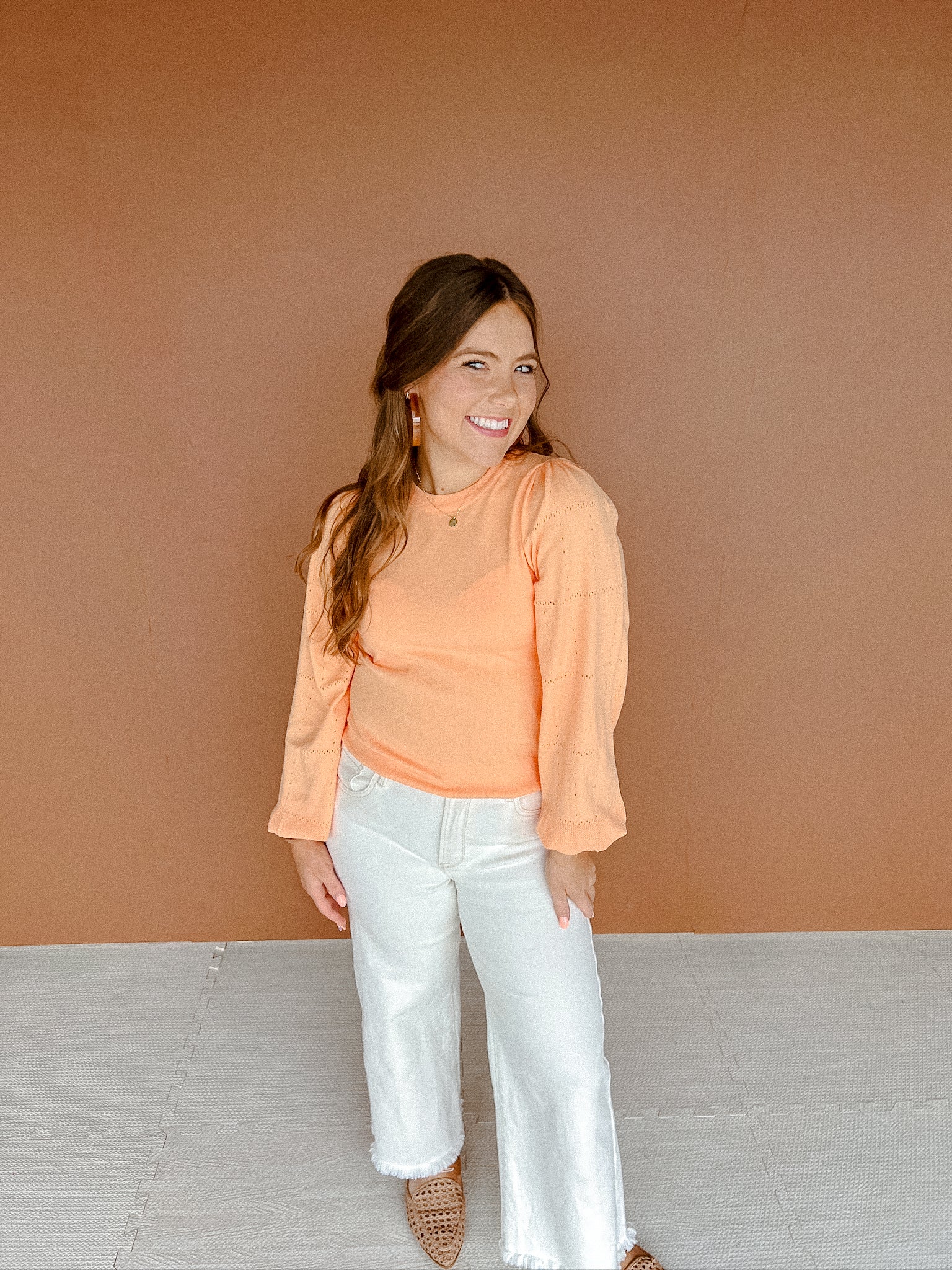 Rosemary Pointelle Sleeve Sweater - Tangerine