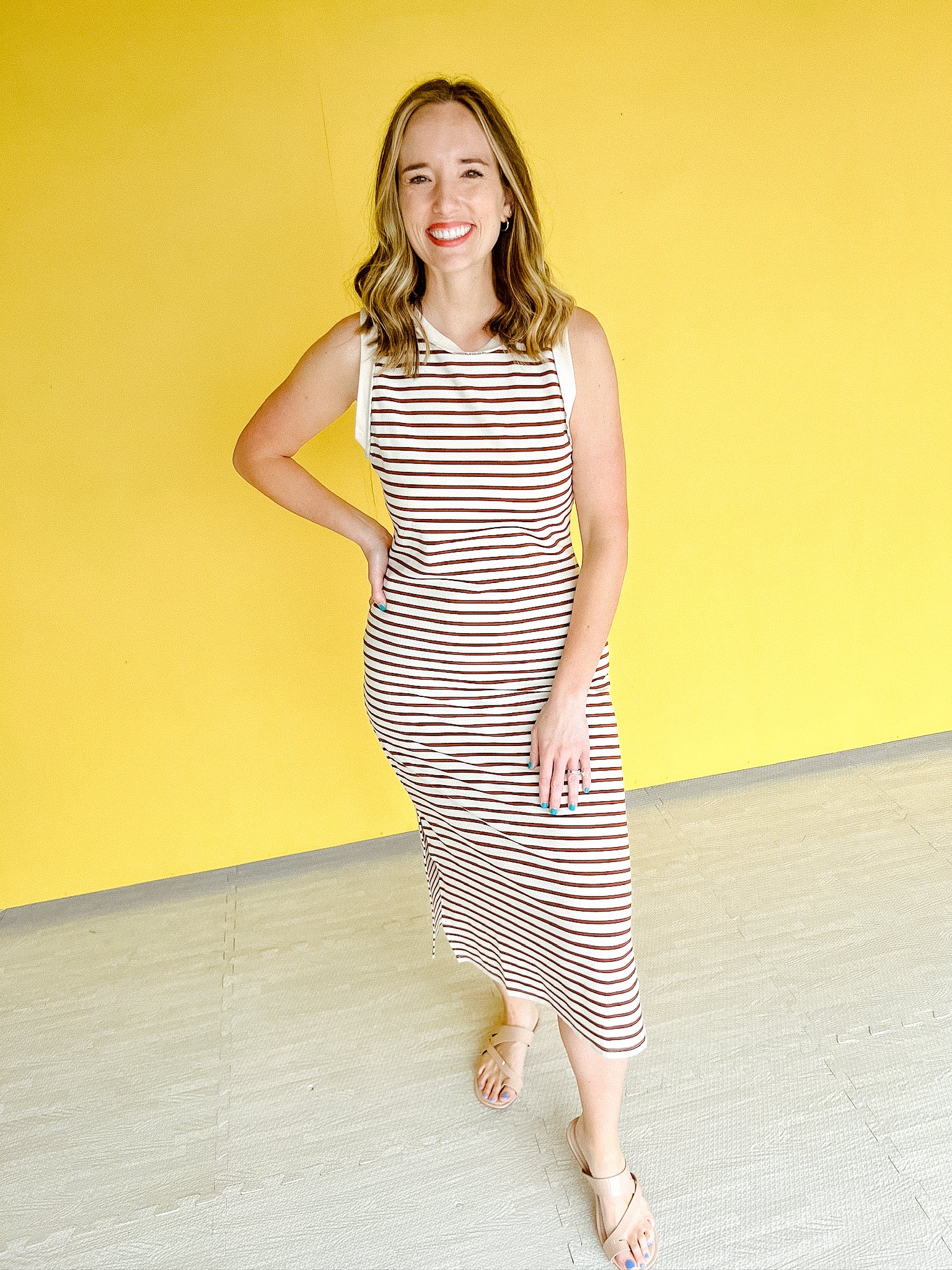 Erica Striped Midi Dress - Cream + Tan