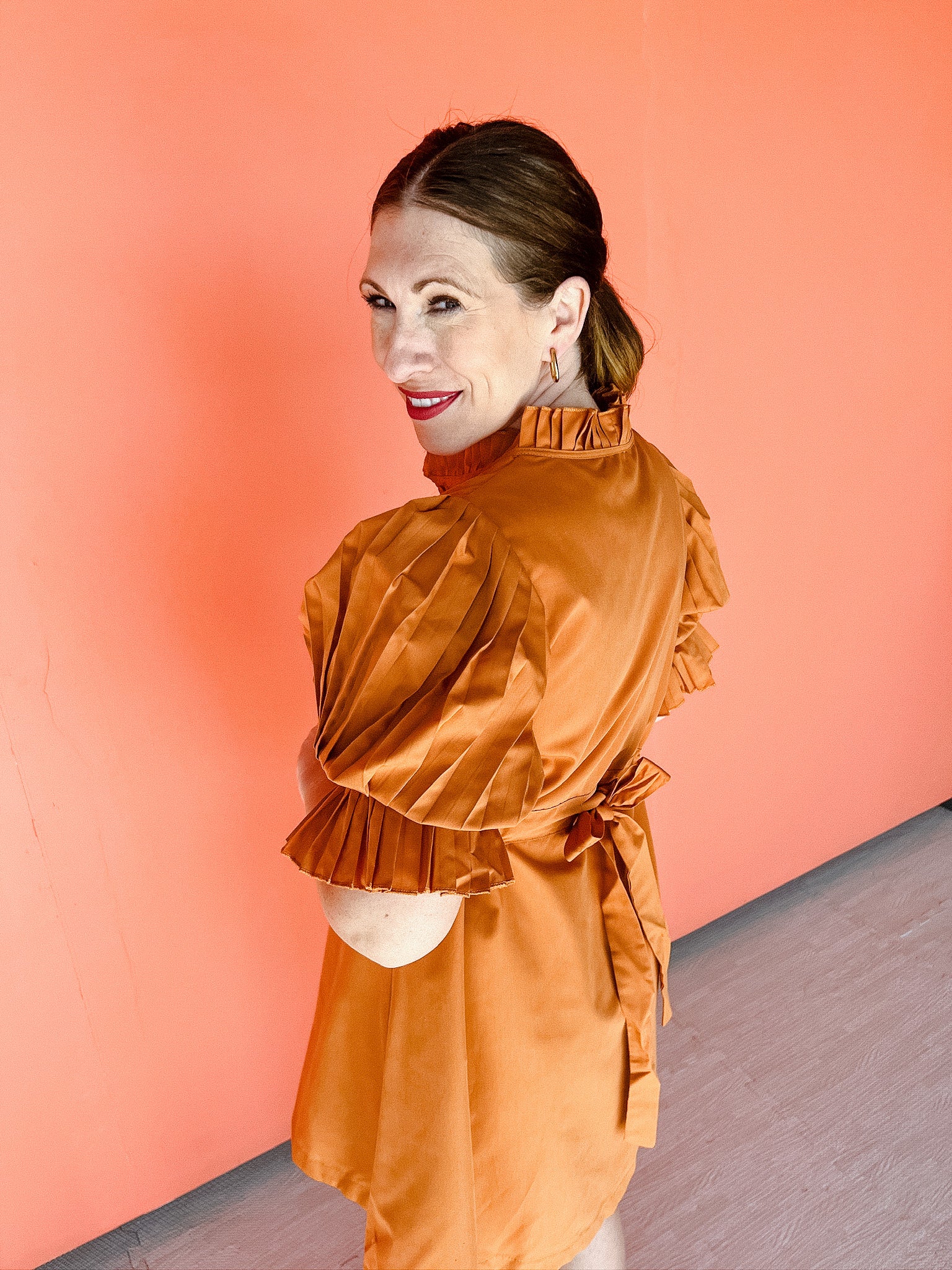 Anita Pleated Sleeve Mini Dress - Amber