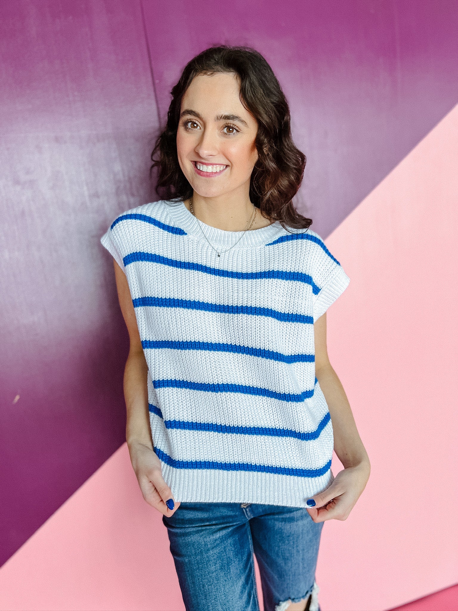 Daydreamer Striped Sweater - Bright White + Blue