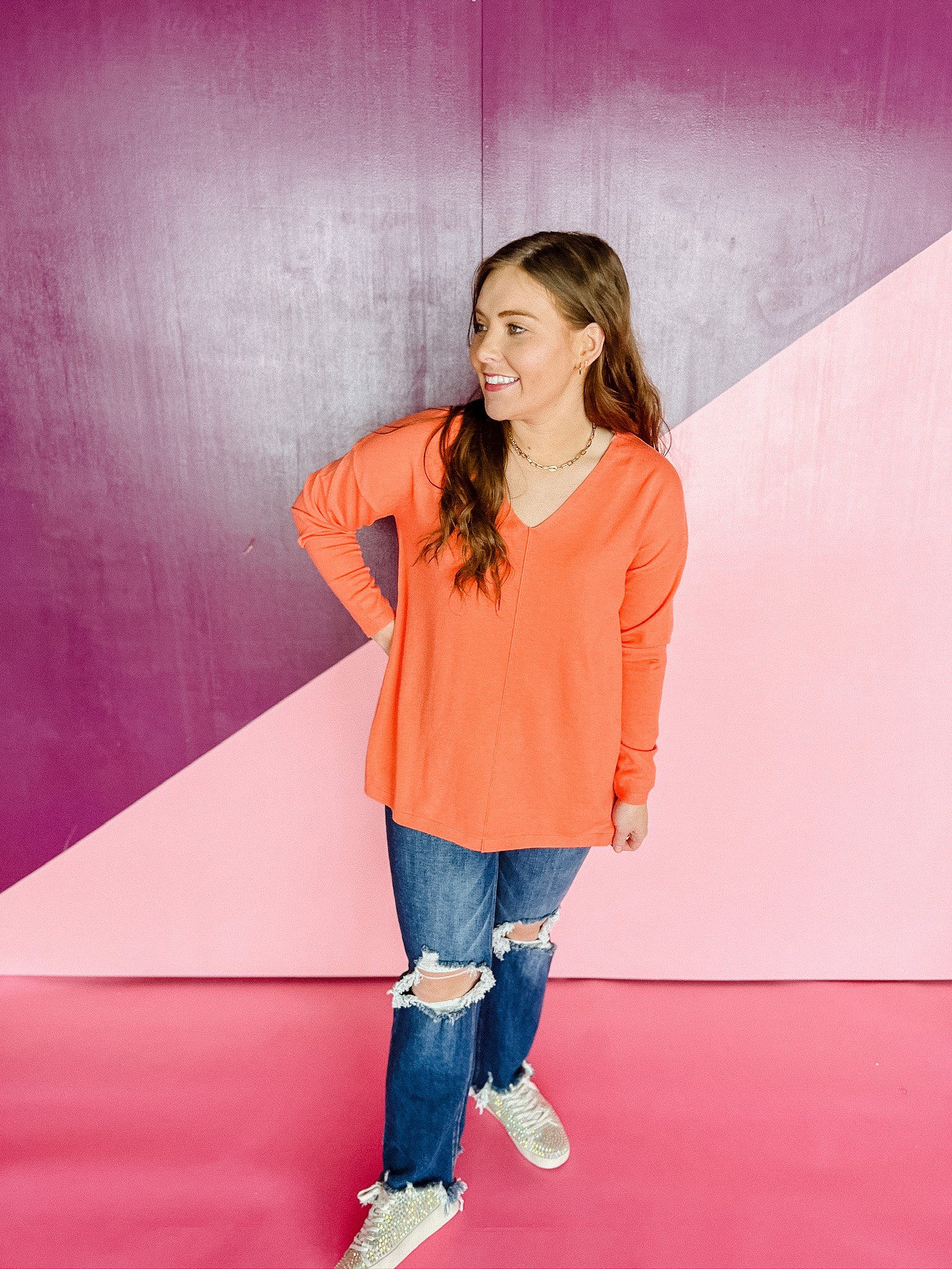 Patty V-Neck Sweater - Coral