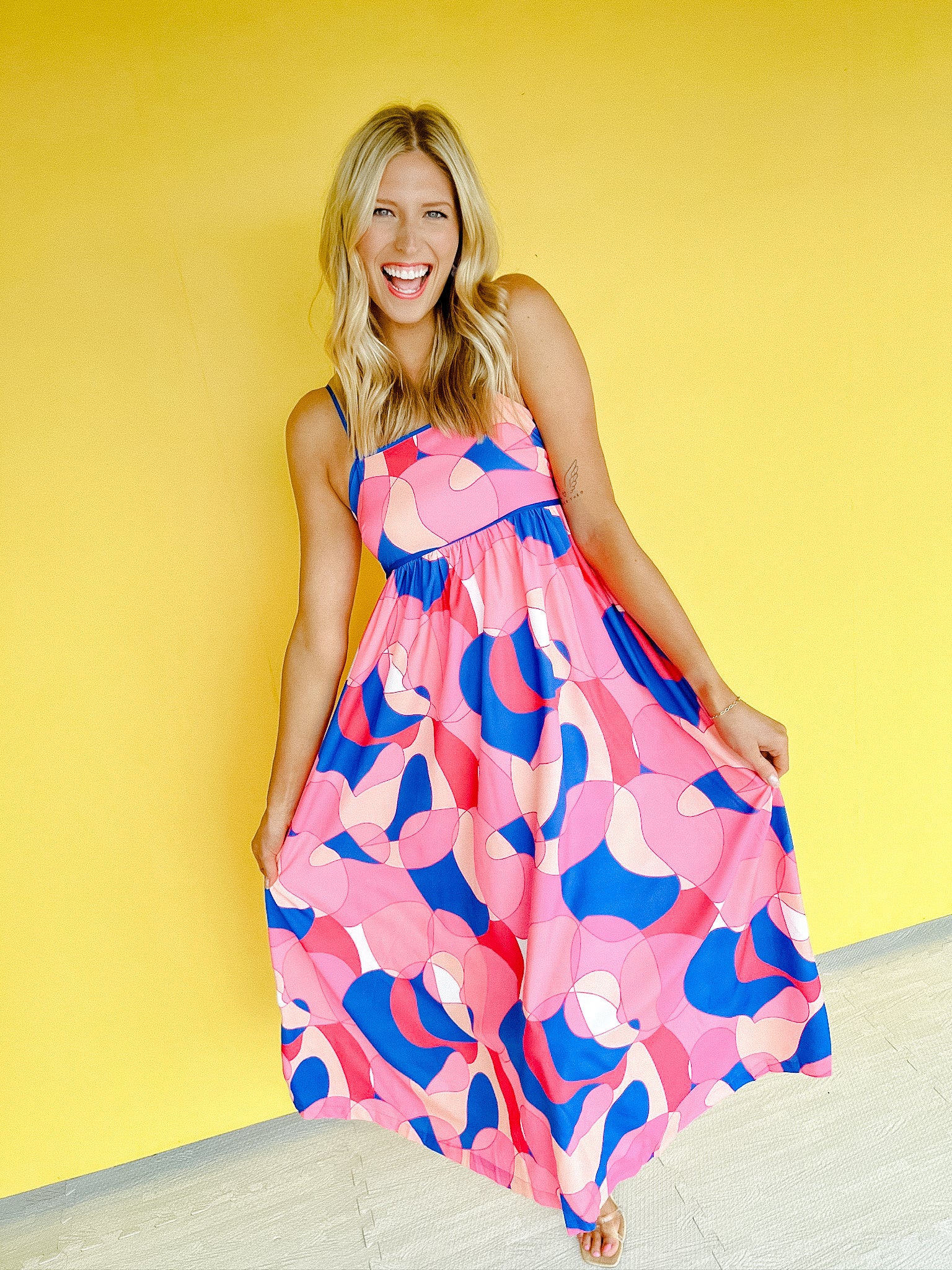 Jacey Geo Midi Dress - Flamingo + Oxford + Peach + Shocking Pink