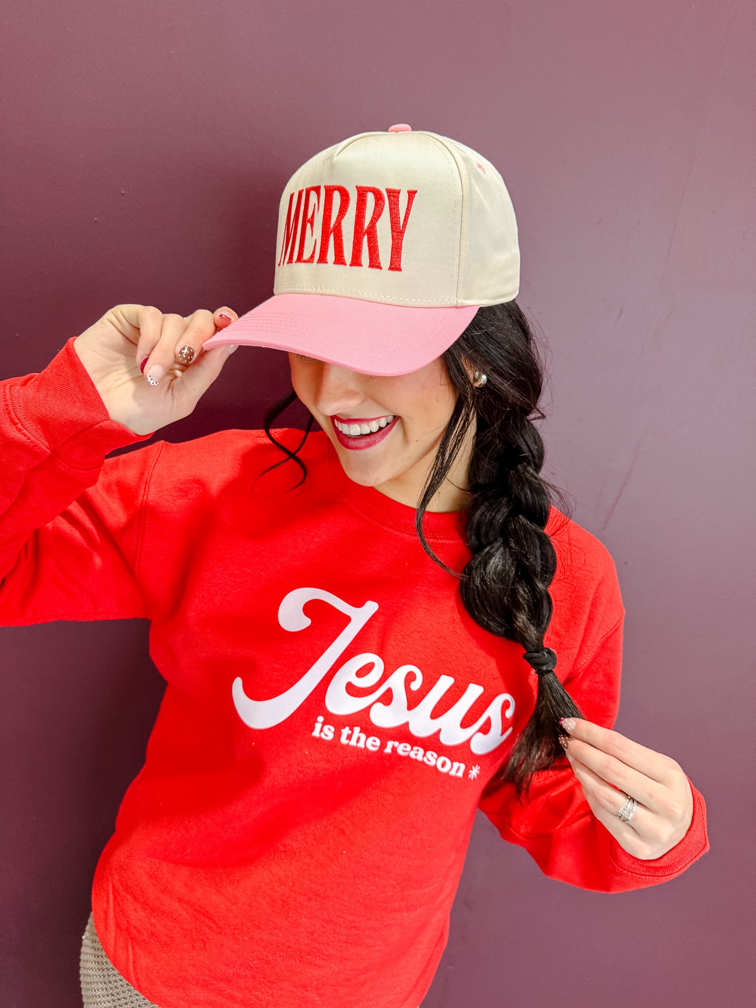 Merry Trucker Hat - Cream + Shocking Pink