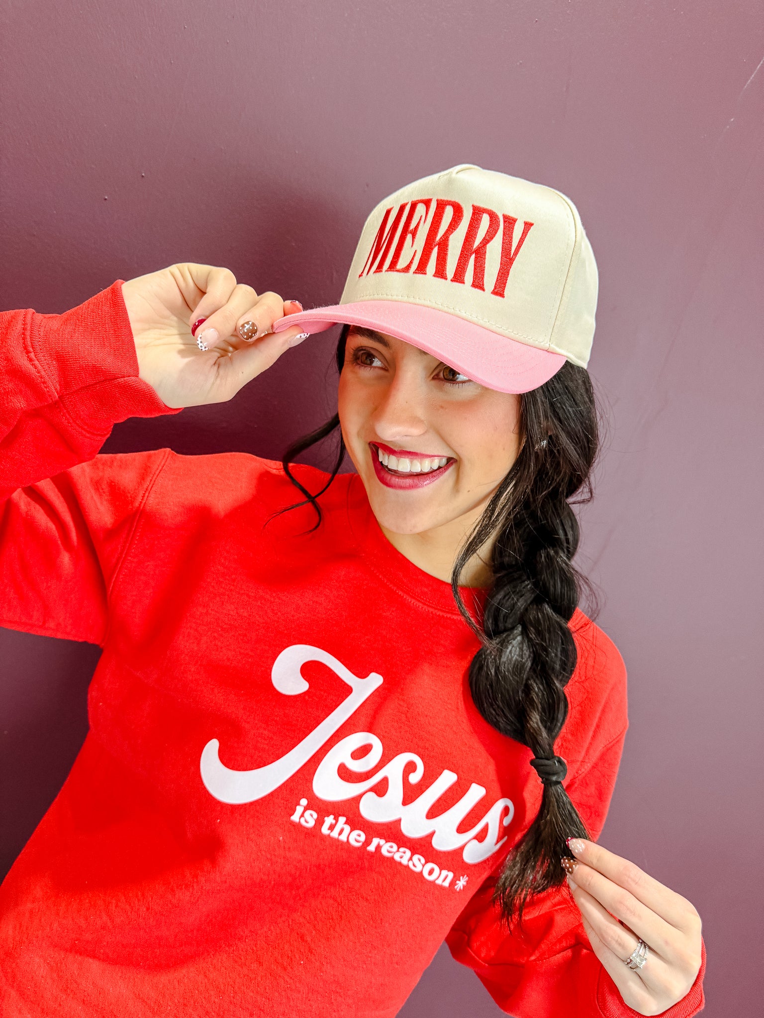 Merry Trucker Hat - Cream + Shocking Pink