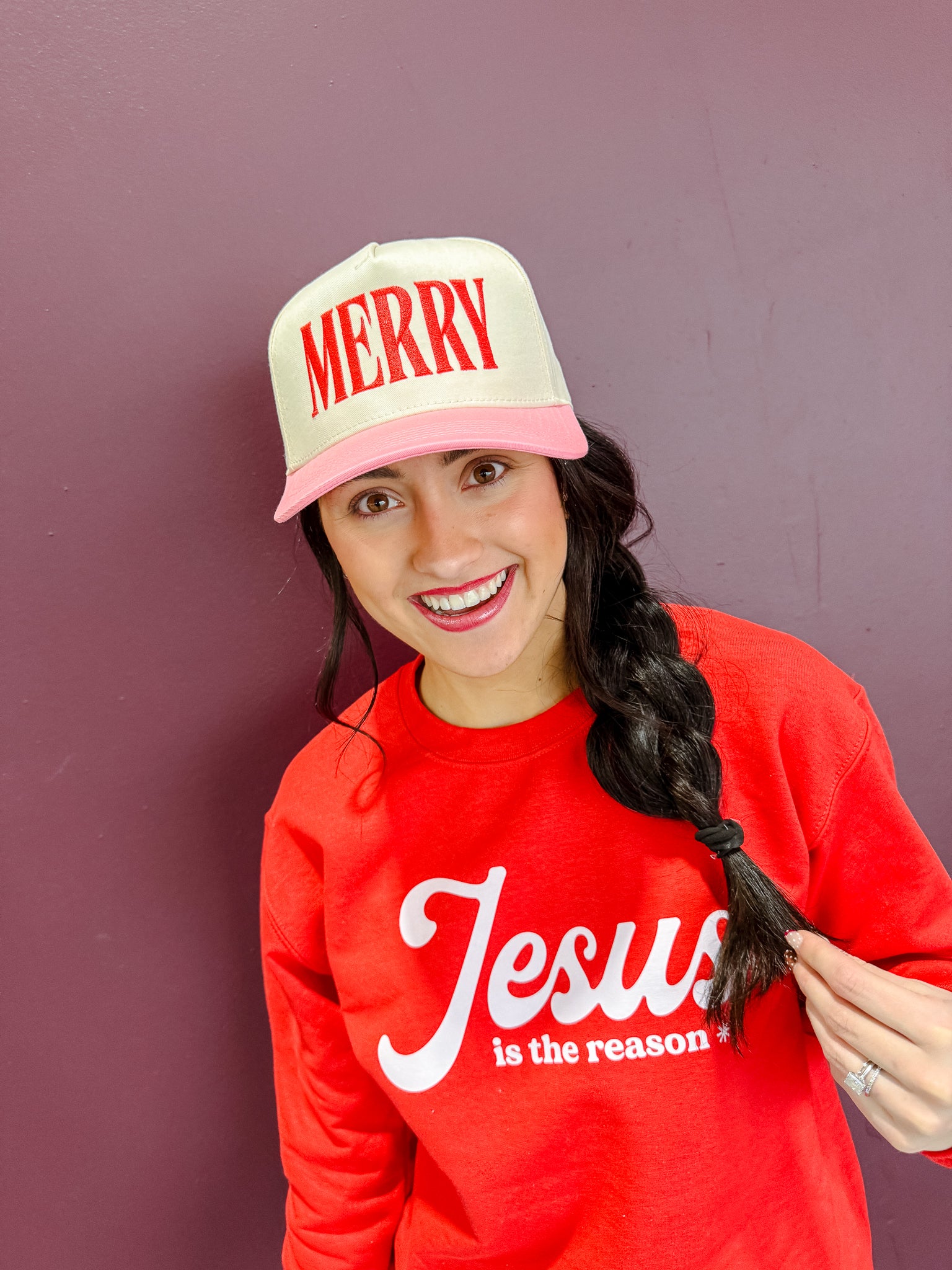 Merry Trucker Hat - Cream + Shocking Pink