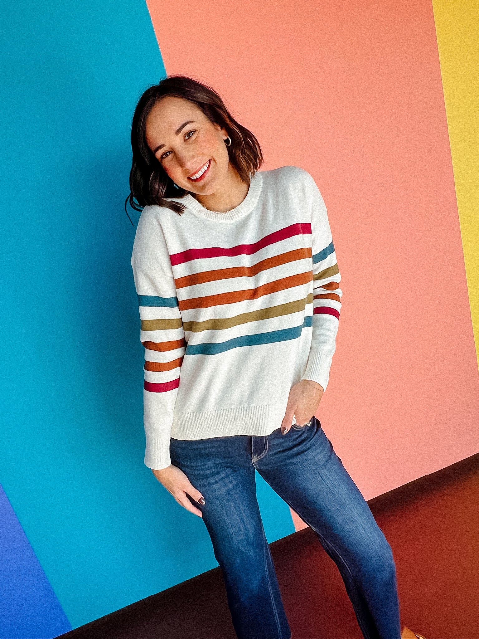 Ruth Multi Colored Striped Sweater - Cream+ Olive + Tan + Kingfisher