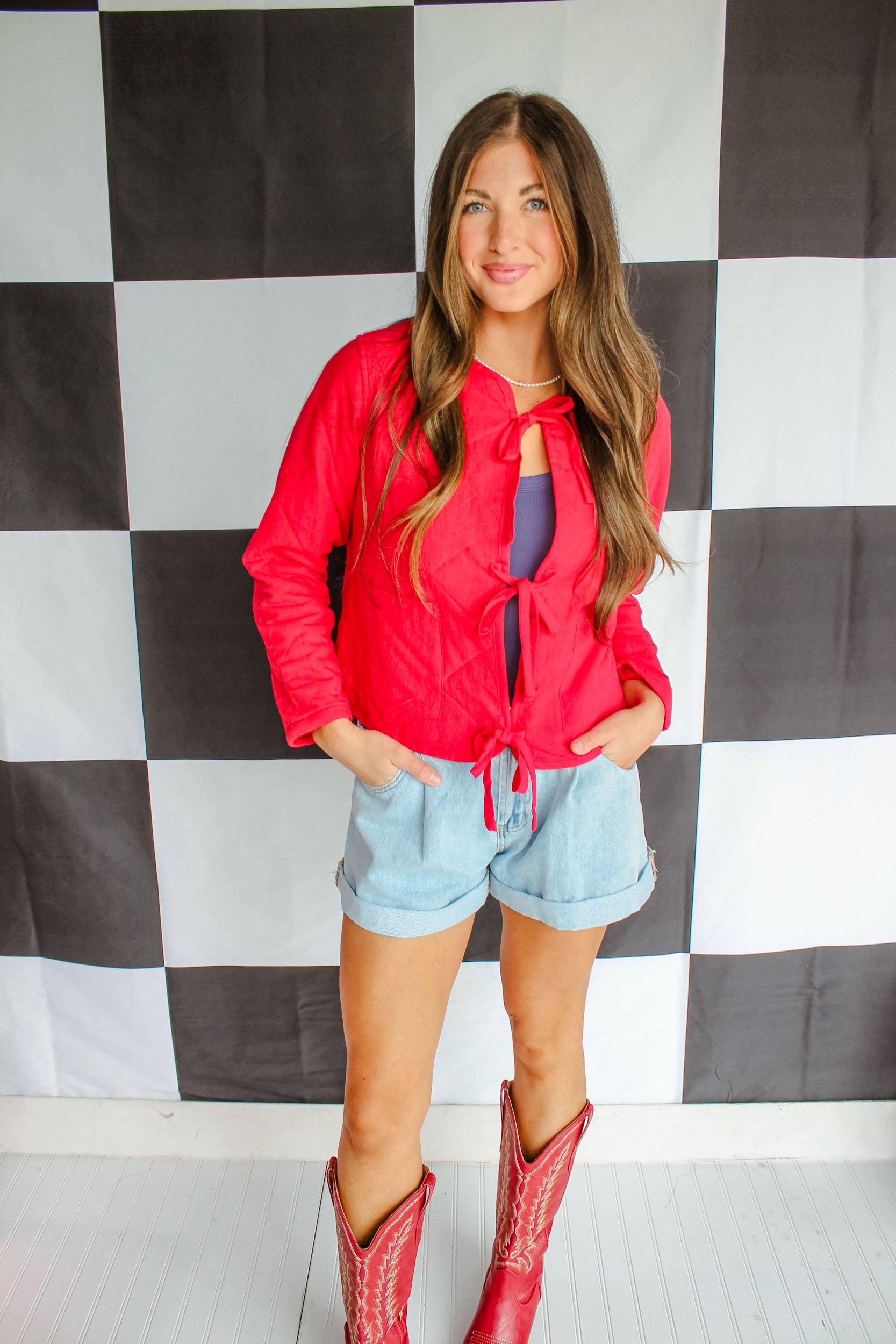All Star Quilted Tie Jacket - Cool Red