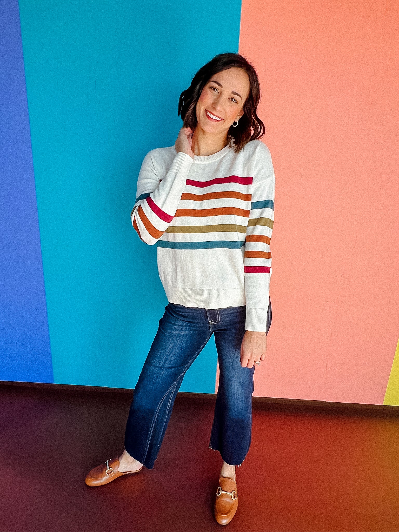 Ruth Multi Colored Striped Sweater - Cream+ Olive + Tan + Kingfisher