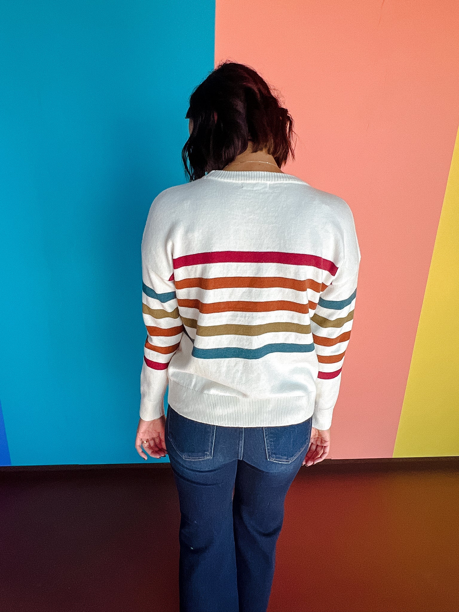 Ruth Multi Colored Striped Sweater - Cream+ Olive + Tan + Kingfisher