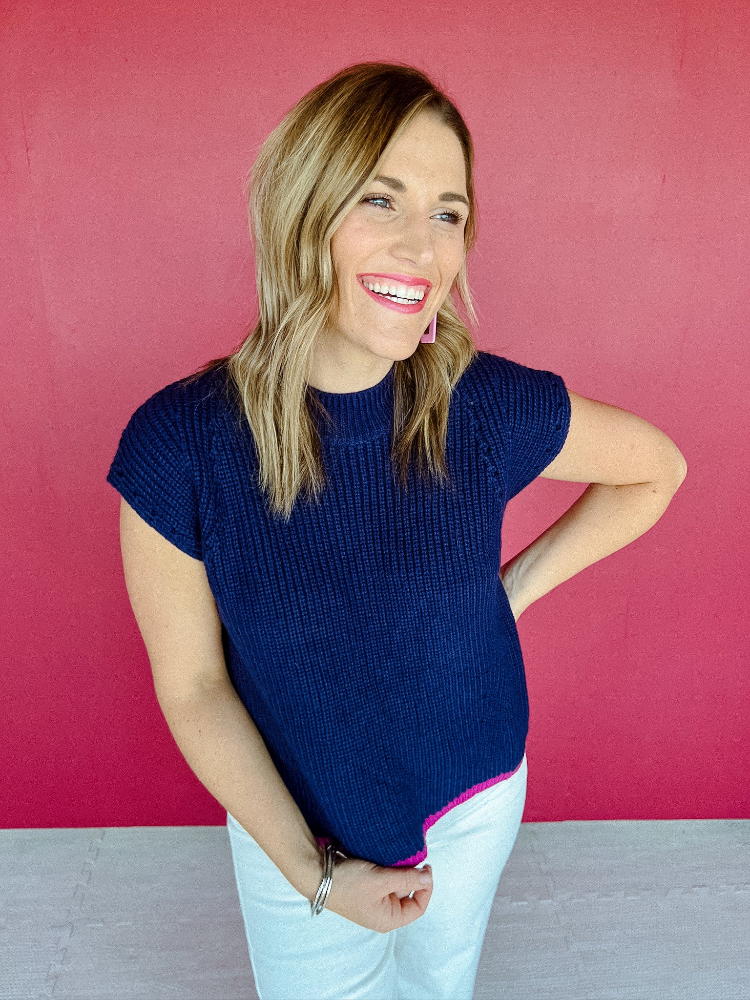 Kate Short Sleeve Sweater - Navy + Amethyst