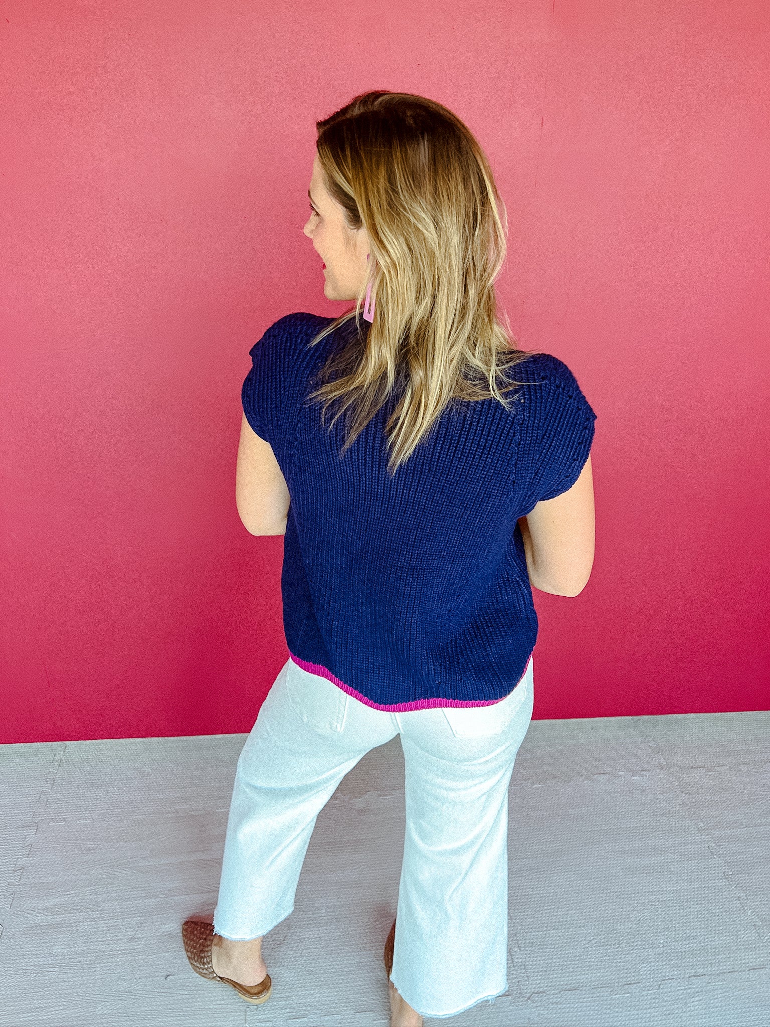 Kate Short Sleeve Sweater - Navy + Amethyst