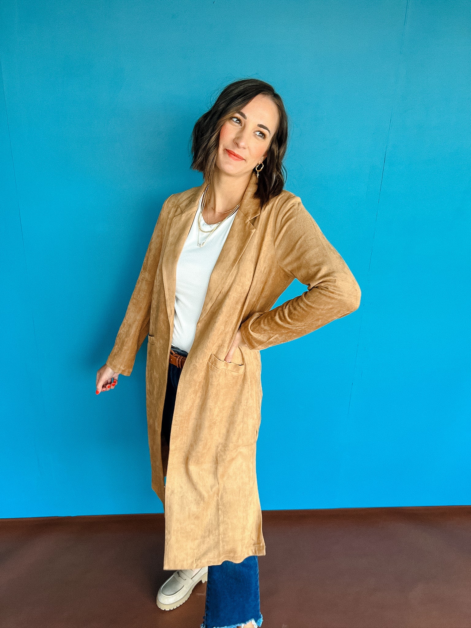 Me Time Faux Suede Duster -Tan