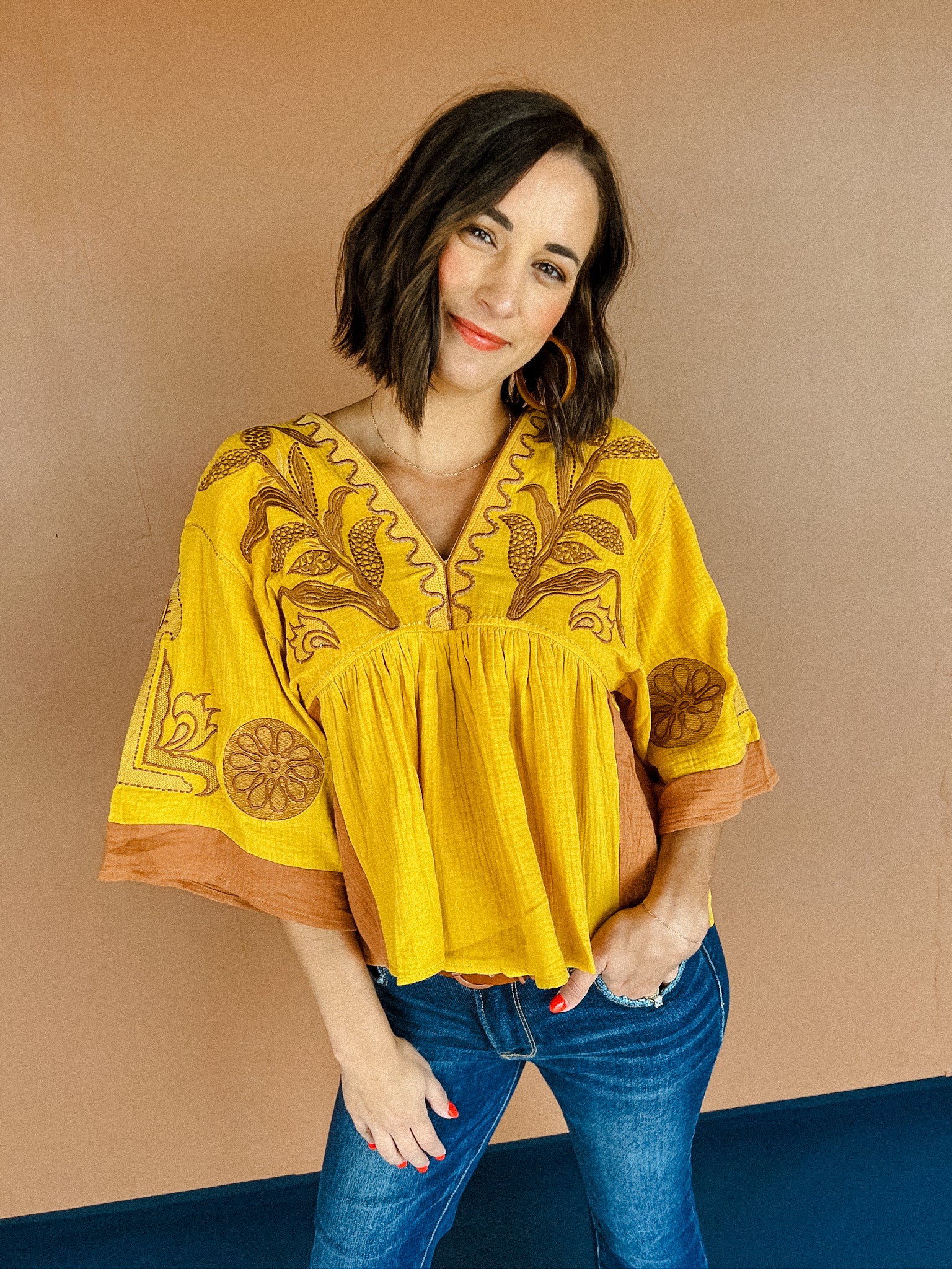 Jules Embroidered Blouse - Mustard + Coffee