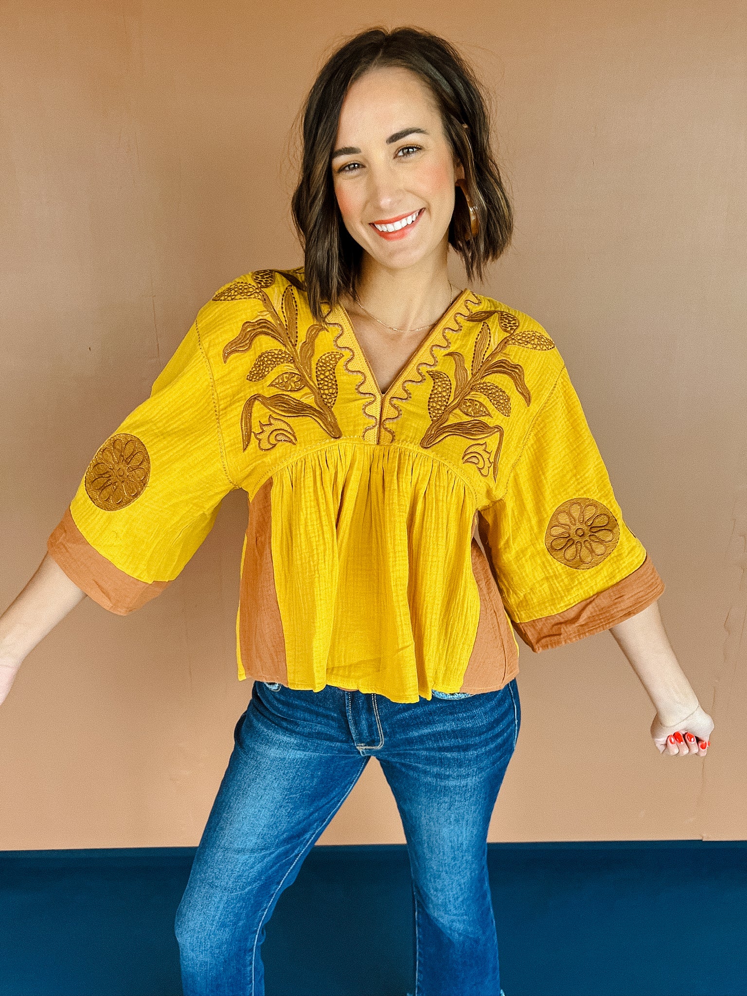 Jules Embroidered Blouse - Mustard + Coffee