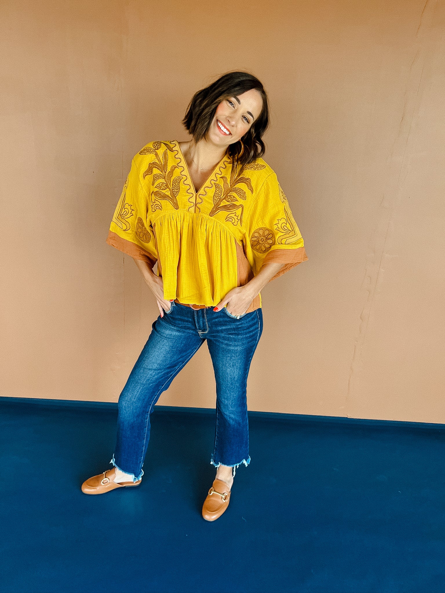 Jules Embroidered Blouse - Mustard + Coffee