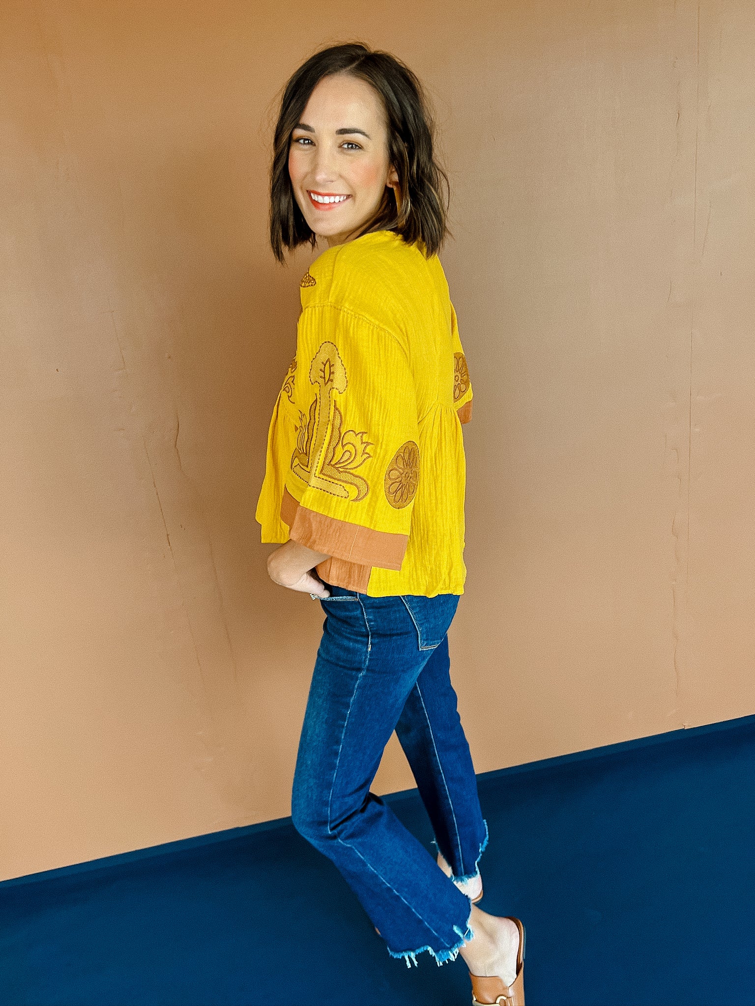 Jules Embroidered Blouse - Mustard + Coffee