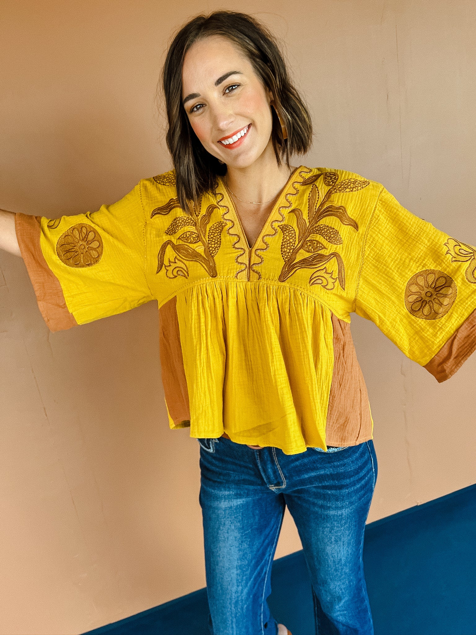 Jules Embroidered Blouse - Mustard + Coffee