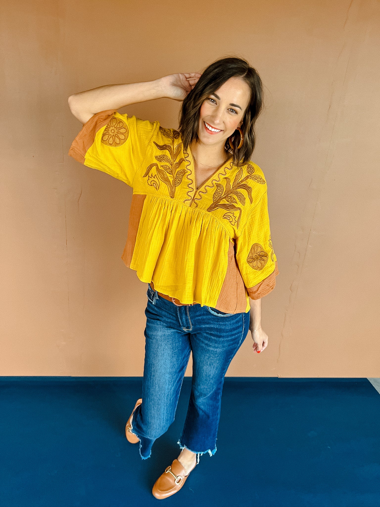 Jules Embroidered Blouse - Mustard + Coffee