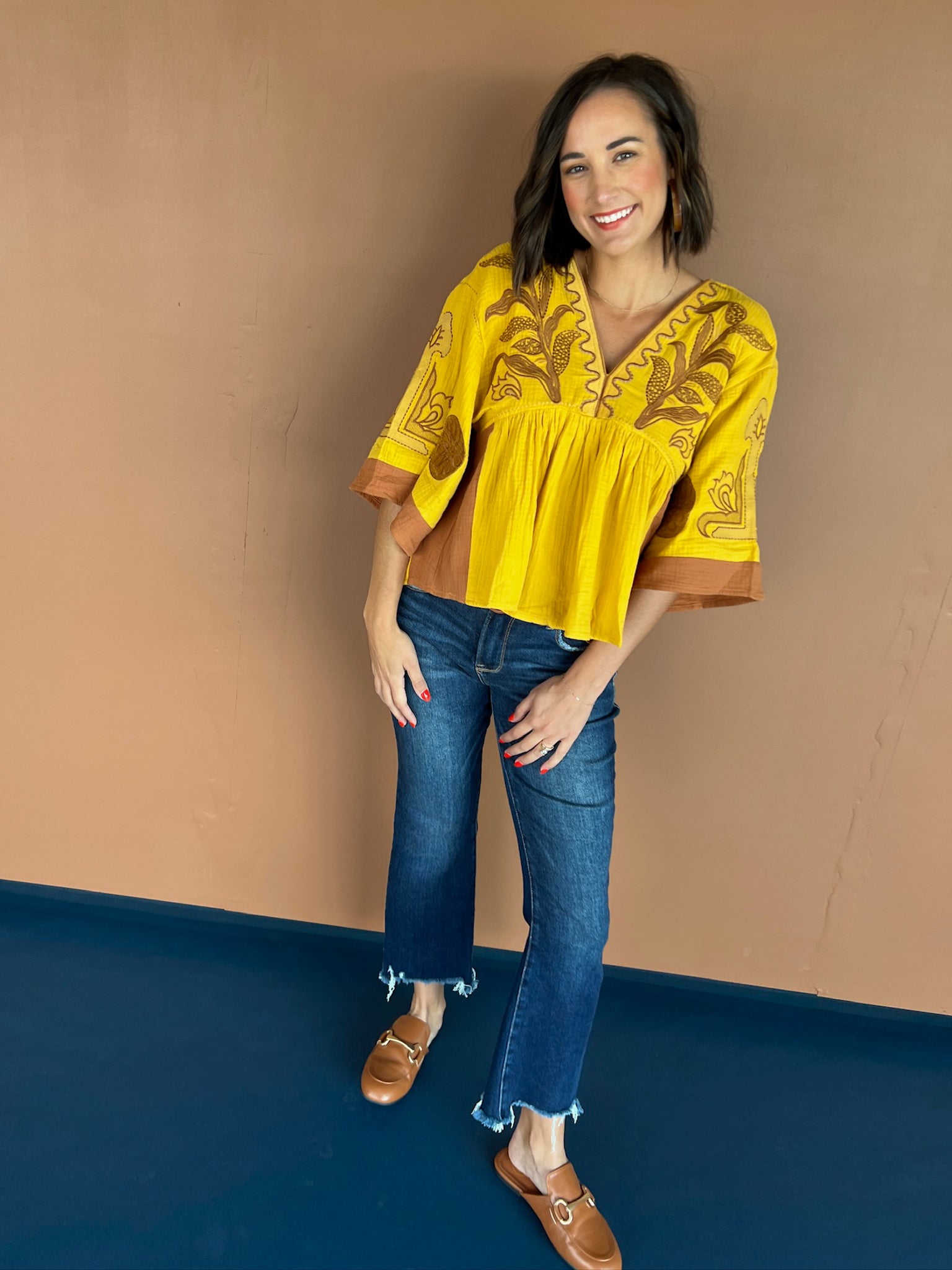 Jules Embroidered Blouse - Mustard + Coffee