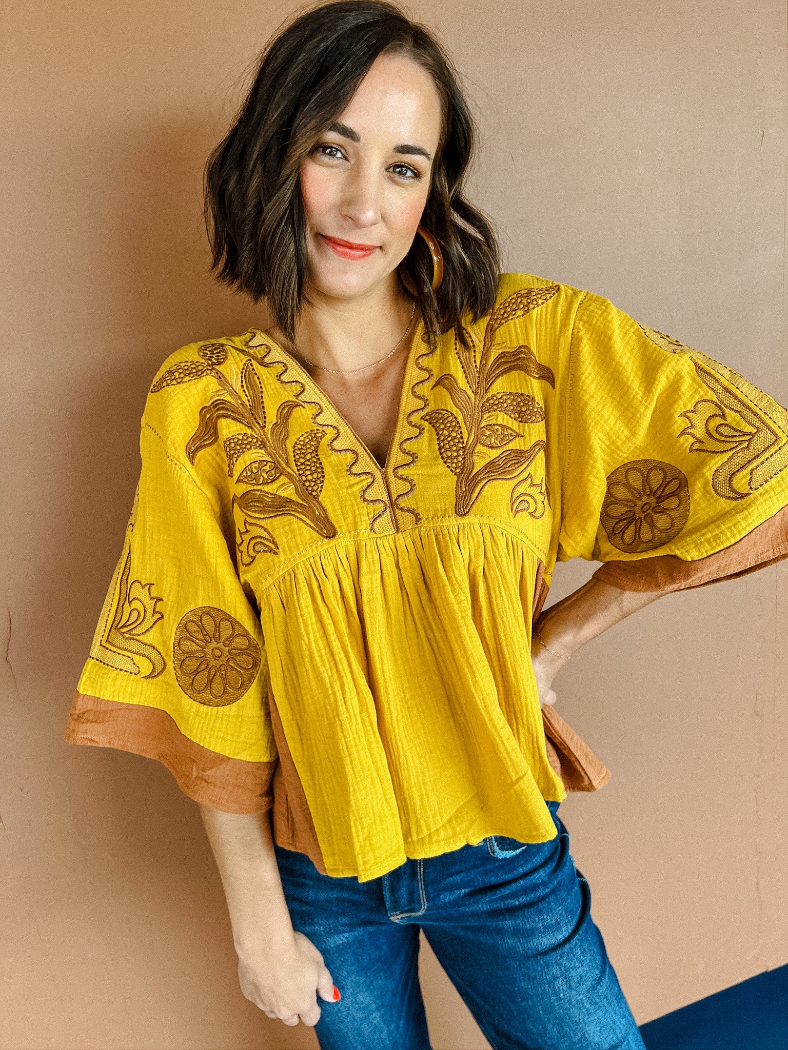 Jules Embroidered Blouse - Mustard + Coffee