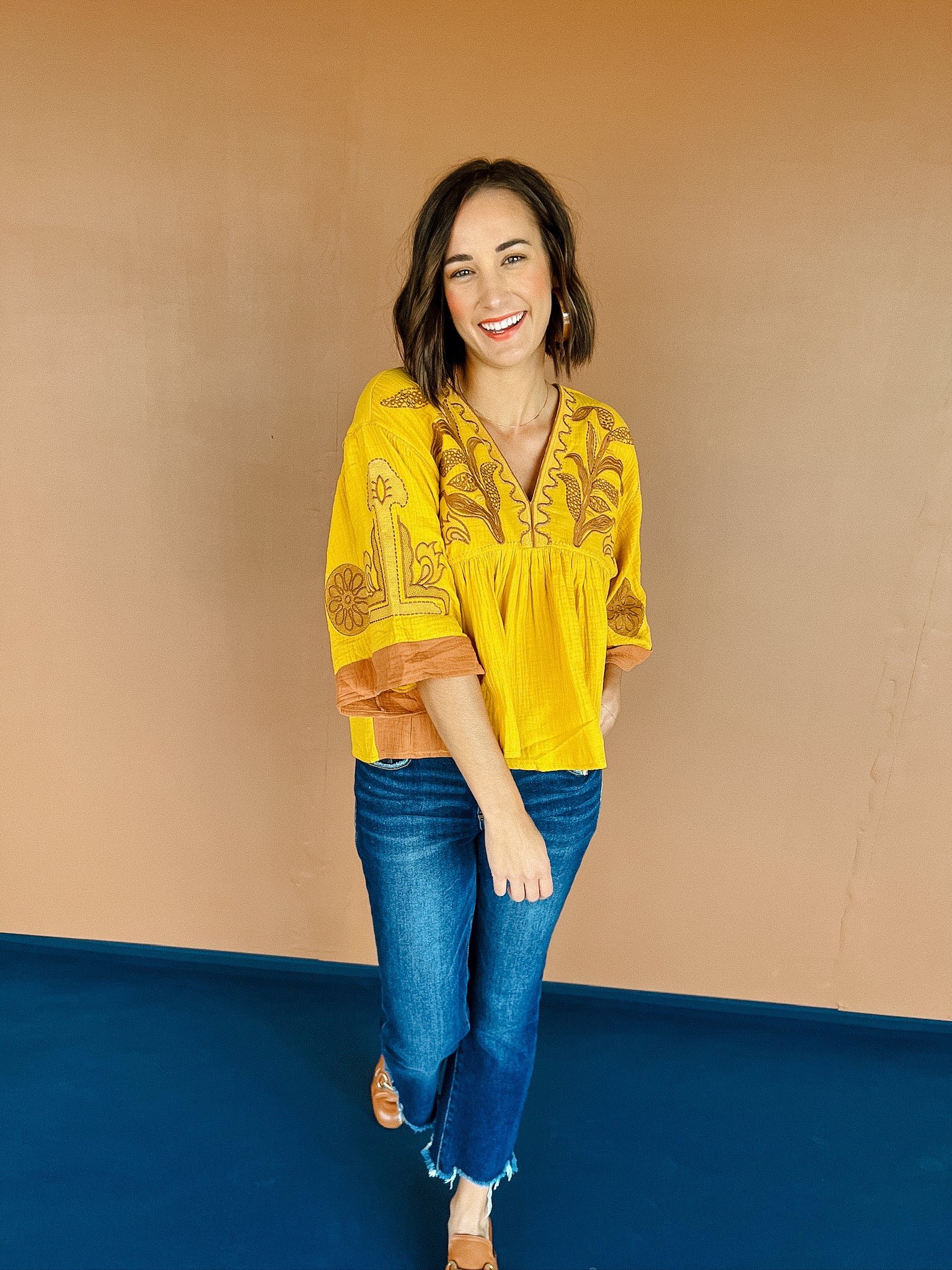 Jules Embroidered Blouse - Mustard + Coffee