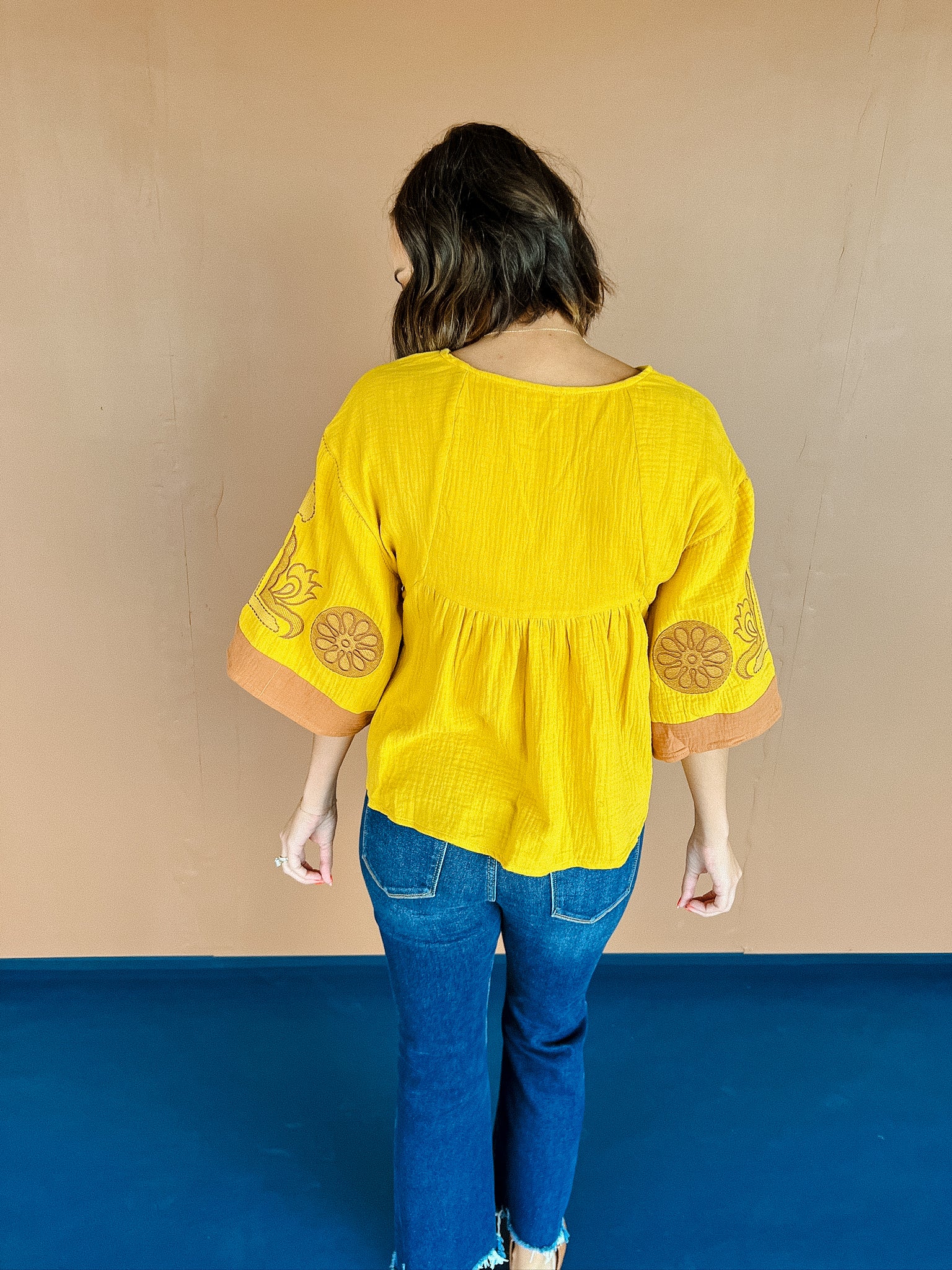 Jules Embroidered Blouse - Mustard + Coffee