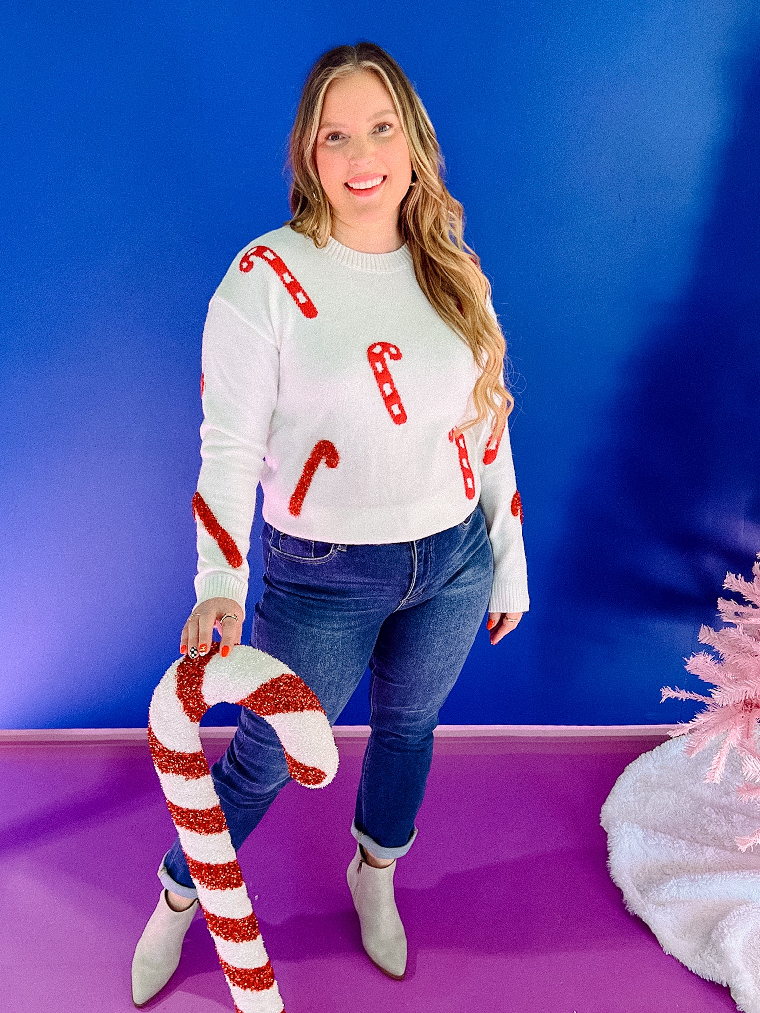 Candy Cane Crewneck Sweater - Ivory + True Red