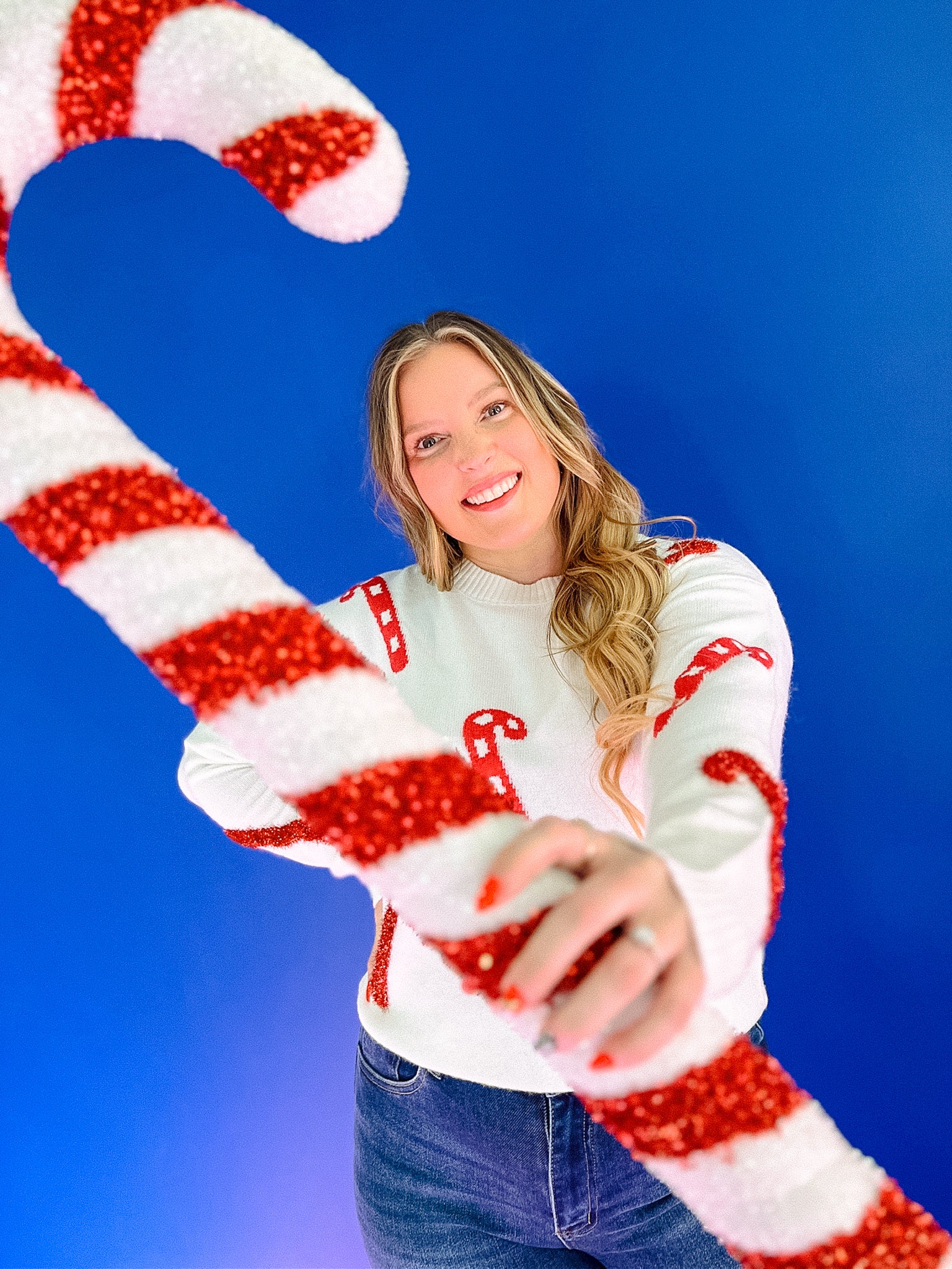 Candy Cane Crewneck Sweater - Ivory + True Red