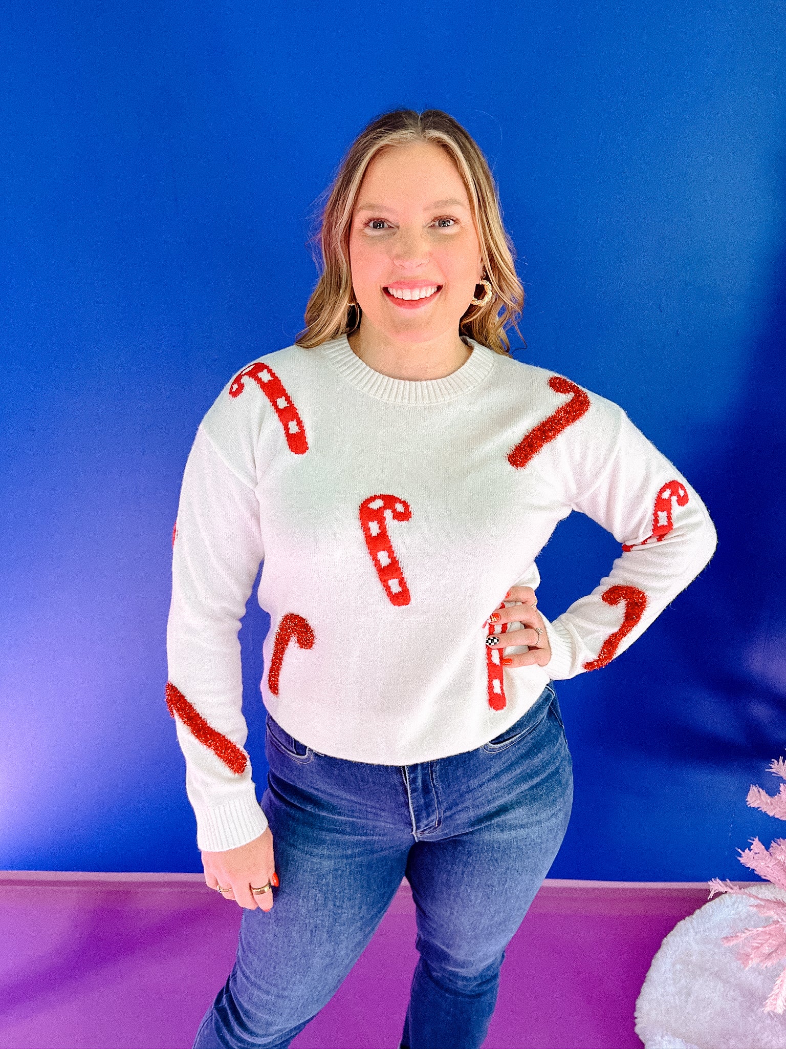 Candy Cane Crewneck Sweater - Ivory + True Red