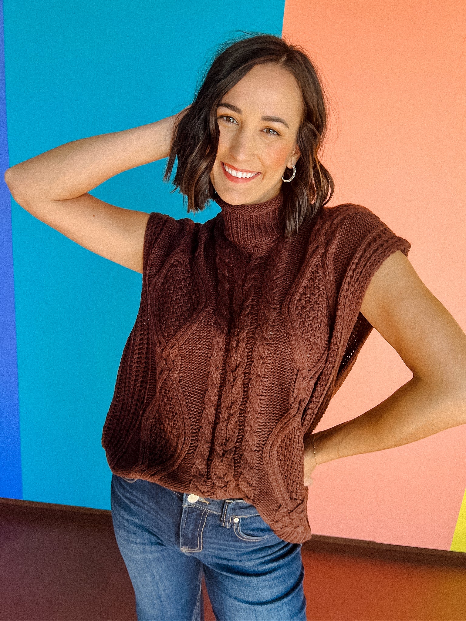 Ryland Mock Neck Sweater Top - Dark Brown