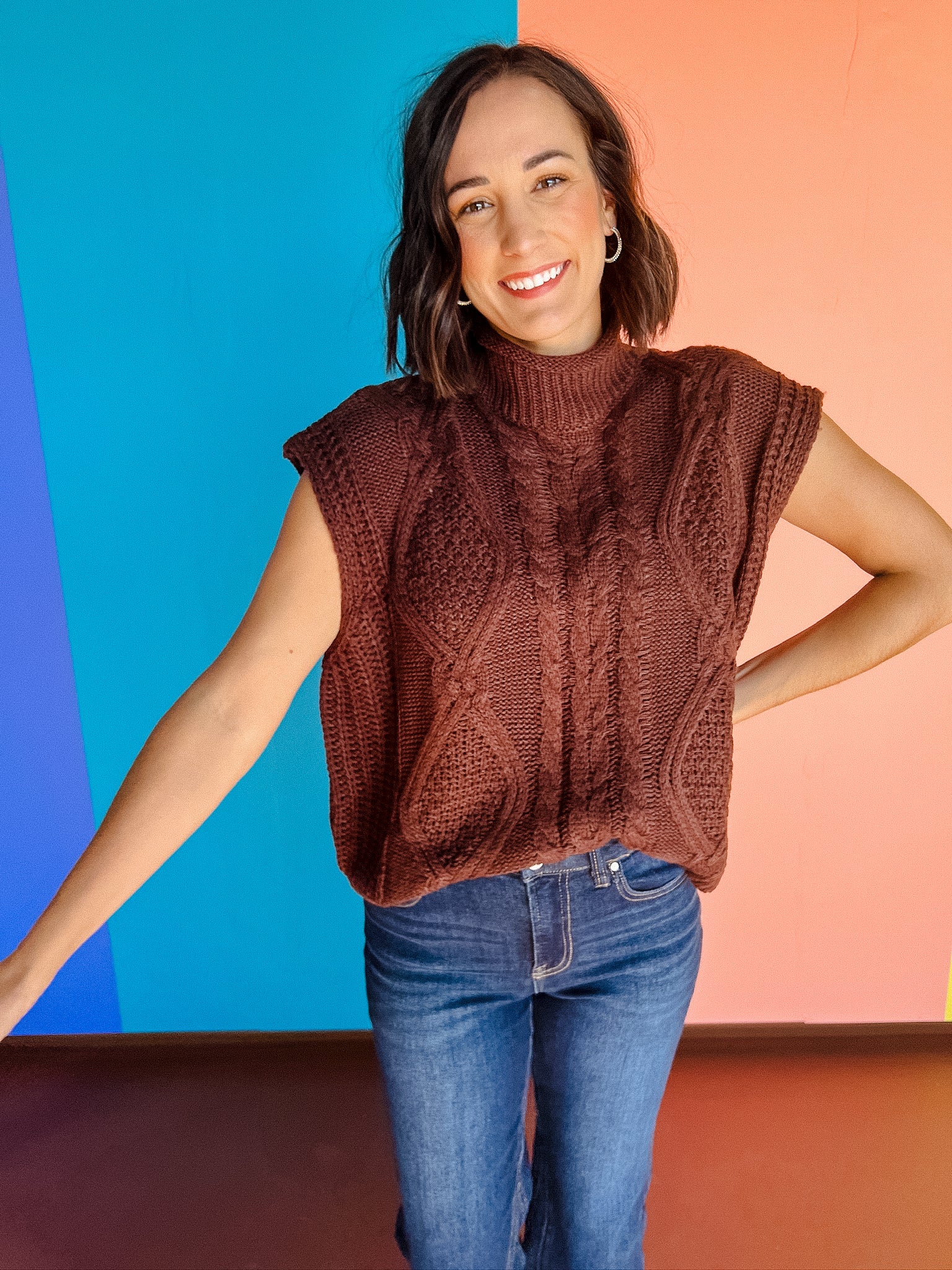 Ryland Mock Neck Sweater Top - Dark Brown