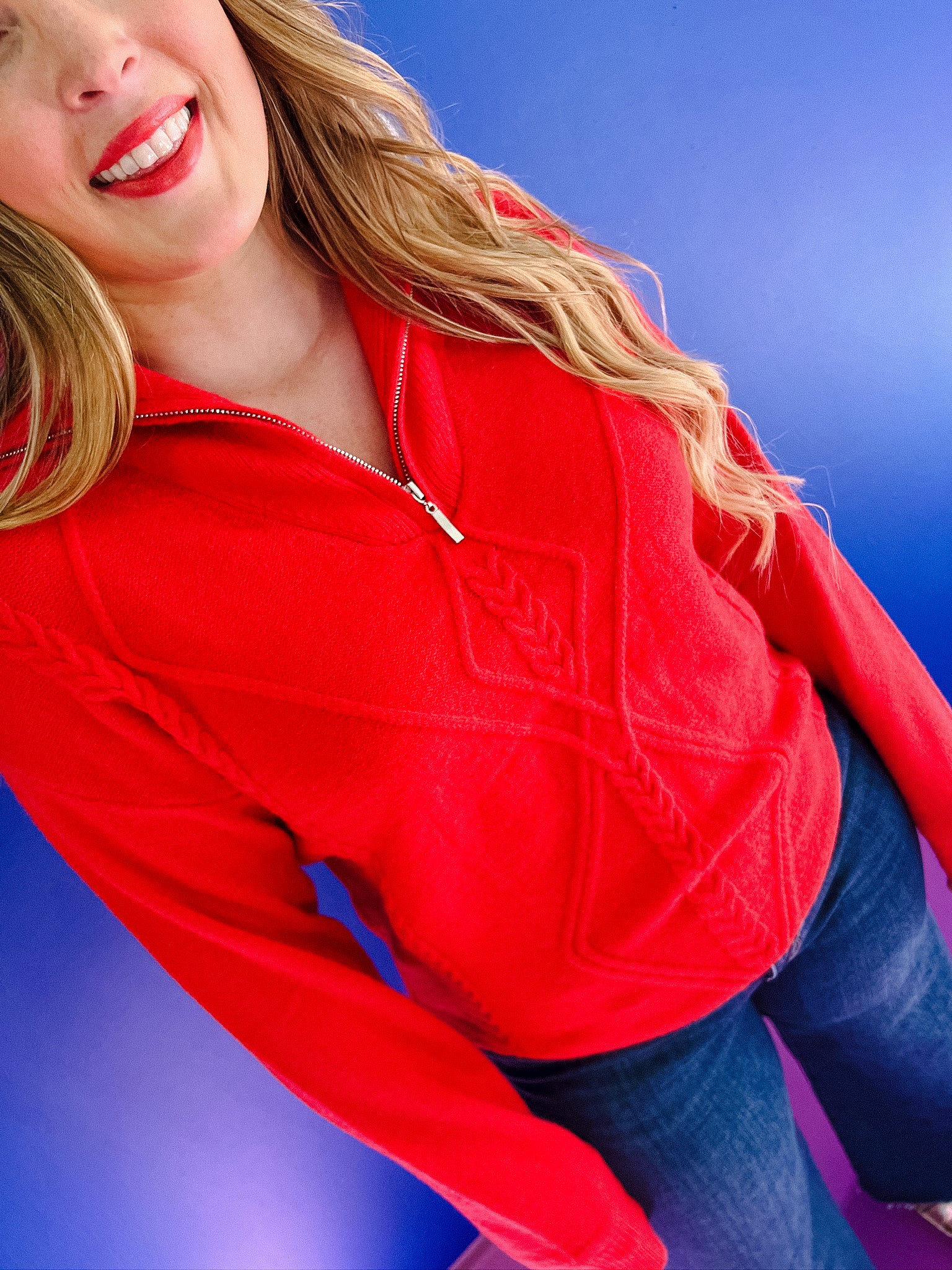 Sugarplum Textured Half Zip Sweater - True Red