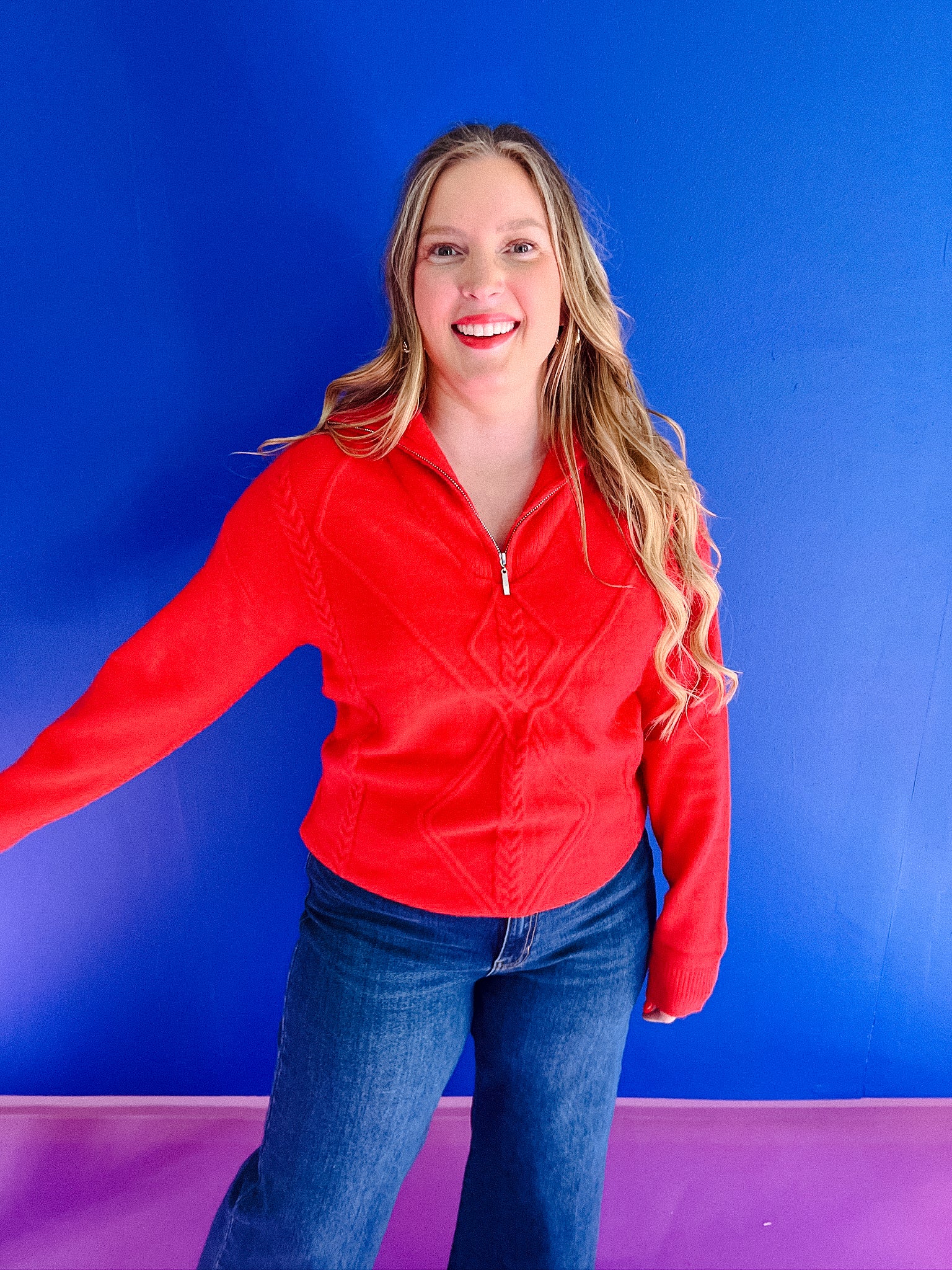 Sugarplum Textured Half Zip Sweater - True Red