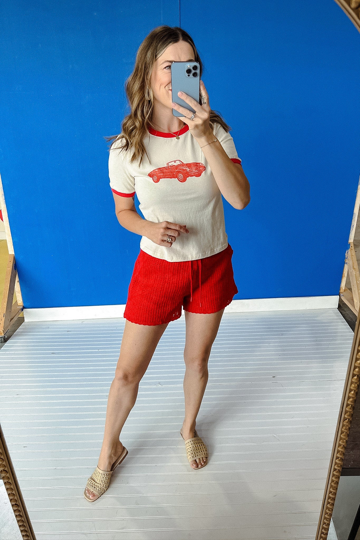 Adeline Graphic Tee - Beige + Red